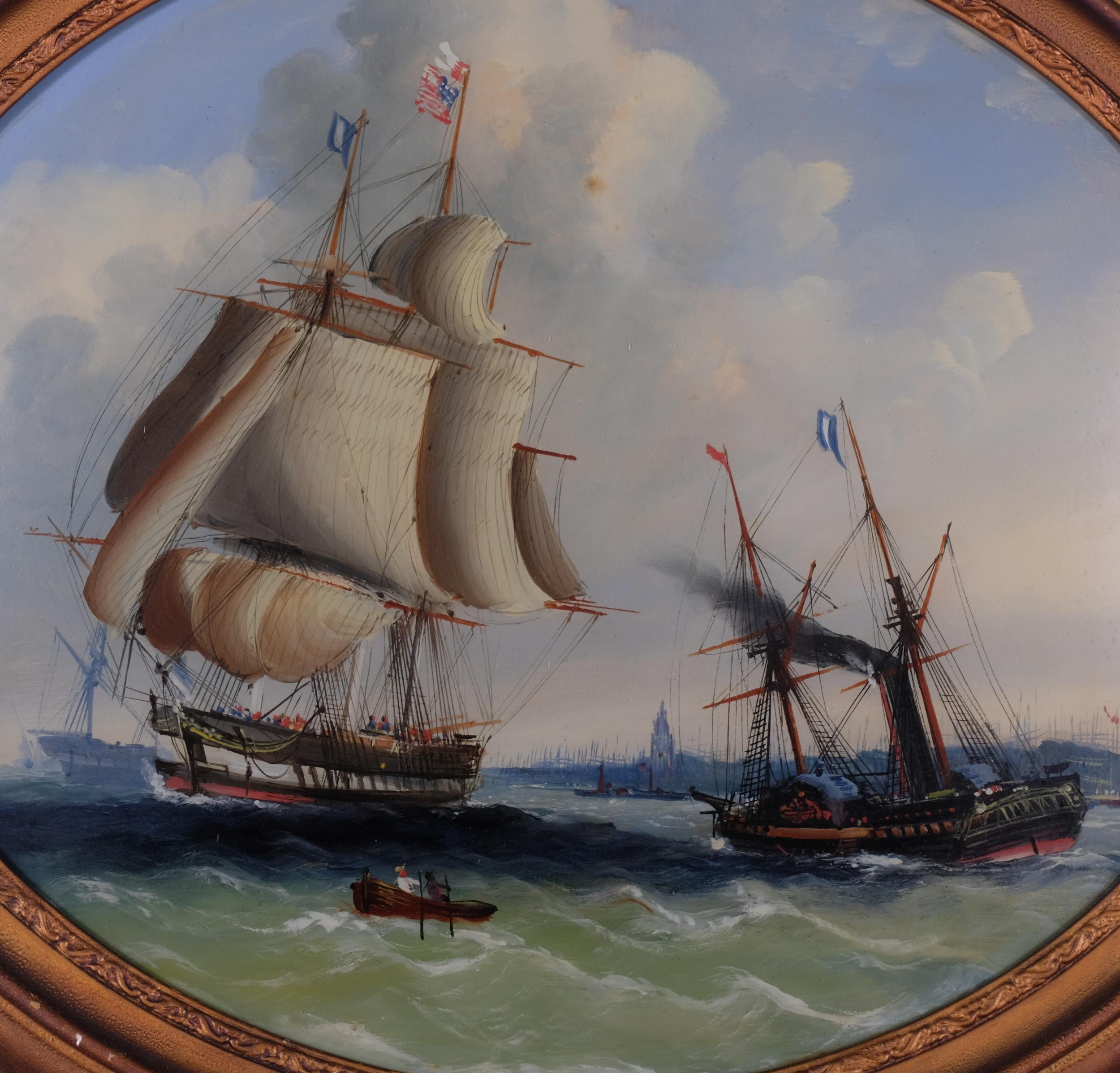 A busy shipping scene near Greenwich, 19th century reverse painting behind convex glass, unsigned, - Image 2 of 4