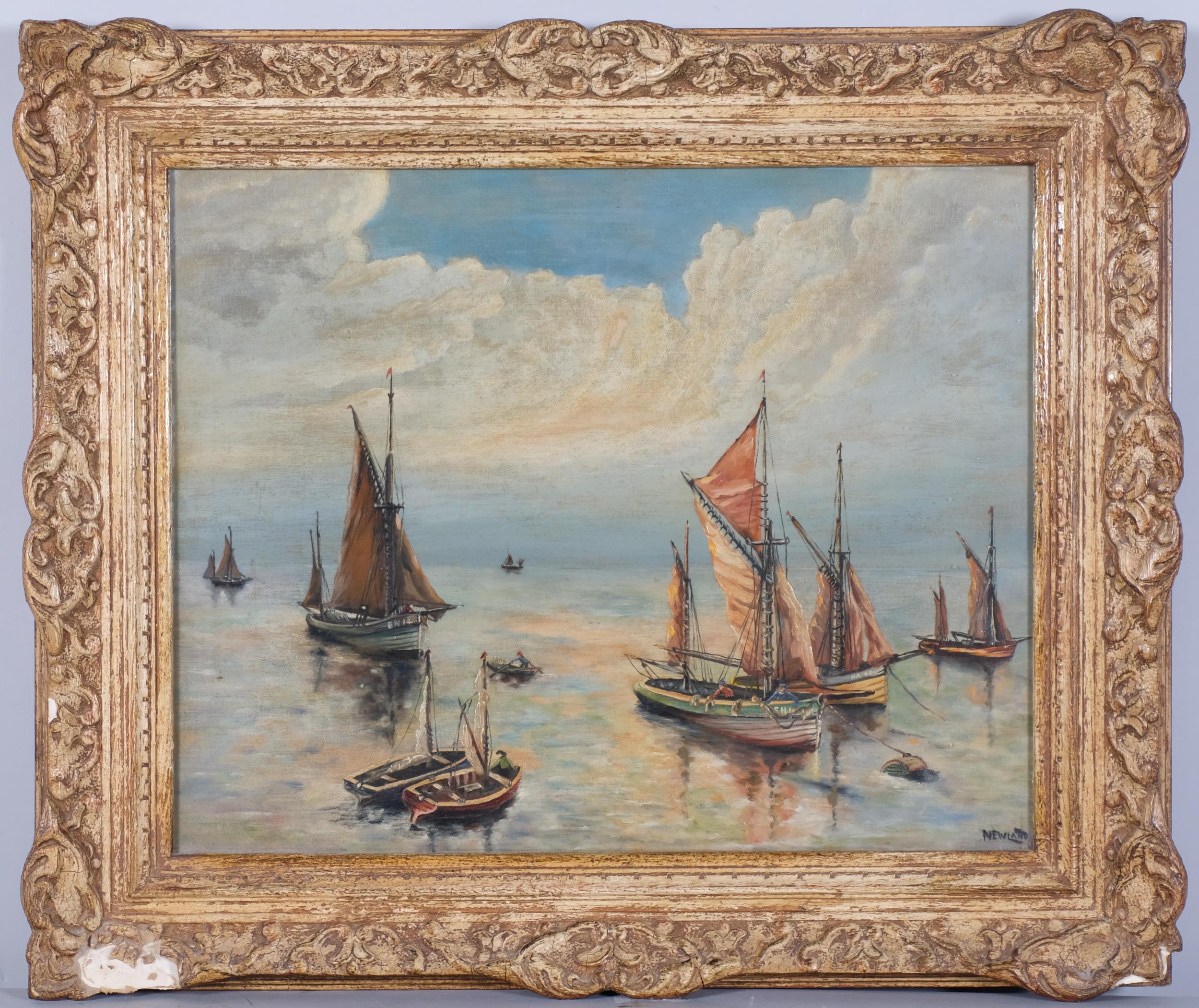 Newland, fishing boats on calm waters, oil on canvas laid on board, signed, 40cm x 50cm, framed - Image 2 of 4