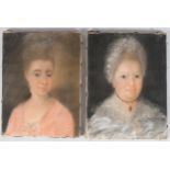 Pair of early 19th century portraits of women, coloured pastels on velum, unsigned, 22.5cm x 17cm,