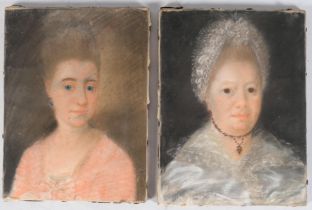 Pair of early 19th century portraits of women, coloured pastels on velum, unsigned, 22.5cm x 17cm,