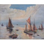 Newland, fishing boats on calm waters, oil on canvas laid on board, signed, 40cm x 50cm, framed