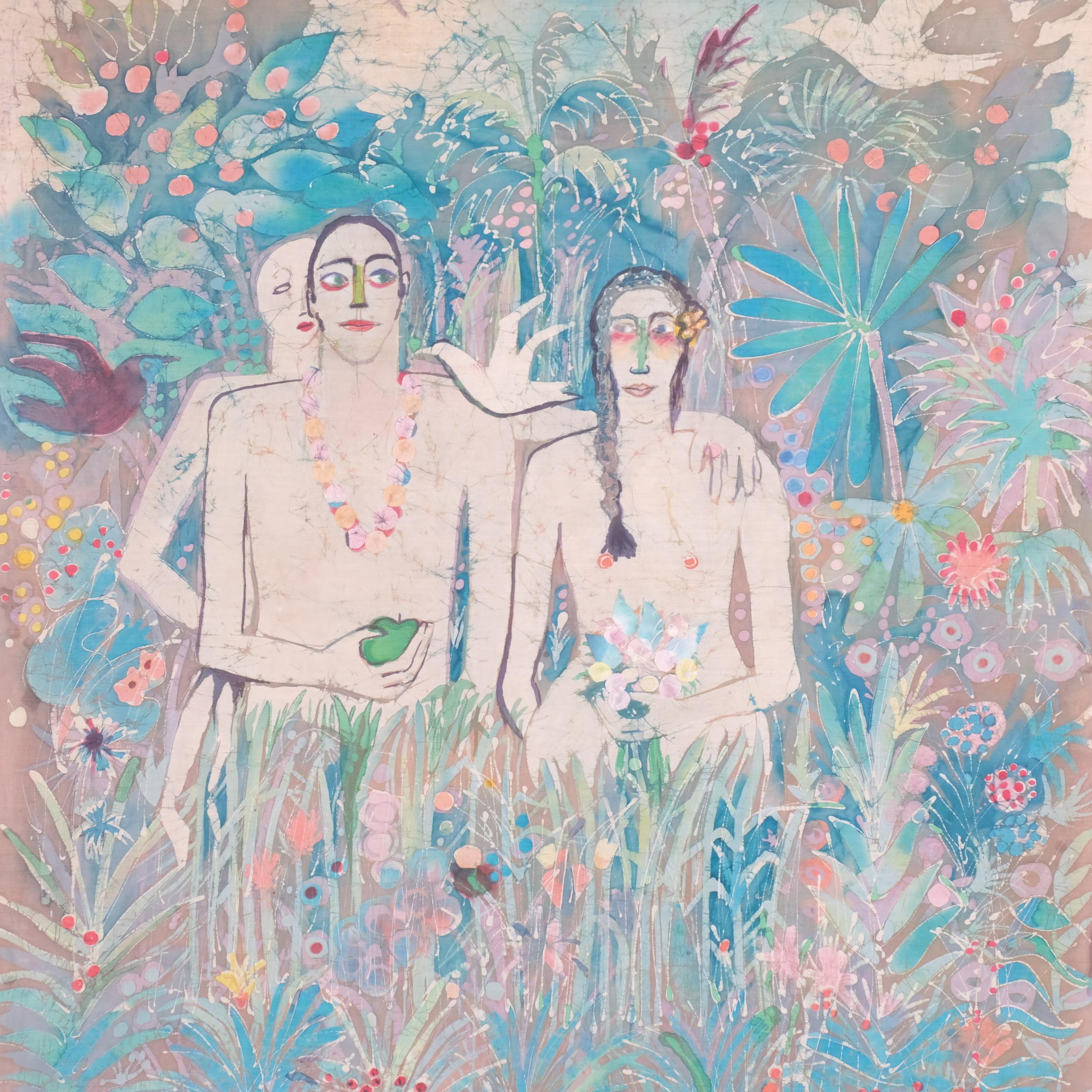 Kitty French (1929 - 1989), Adam and Eve, wax resist painting on fabric, framed with Exhibition - Image 3 of 4