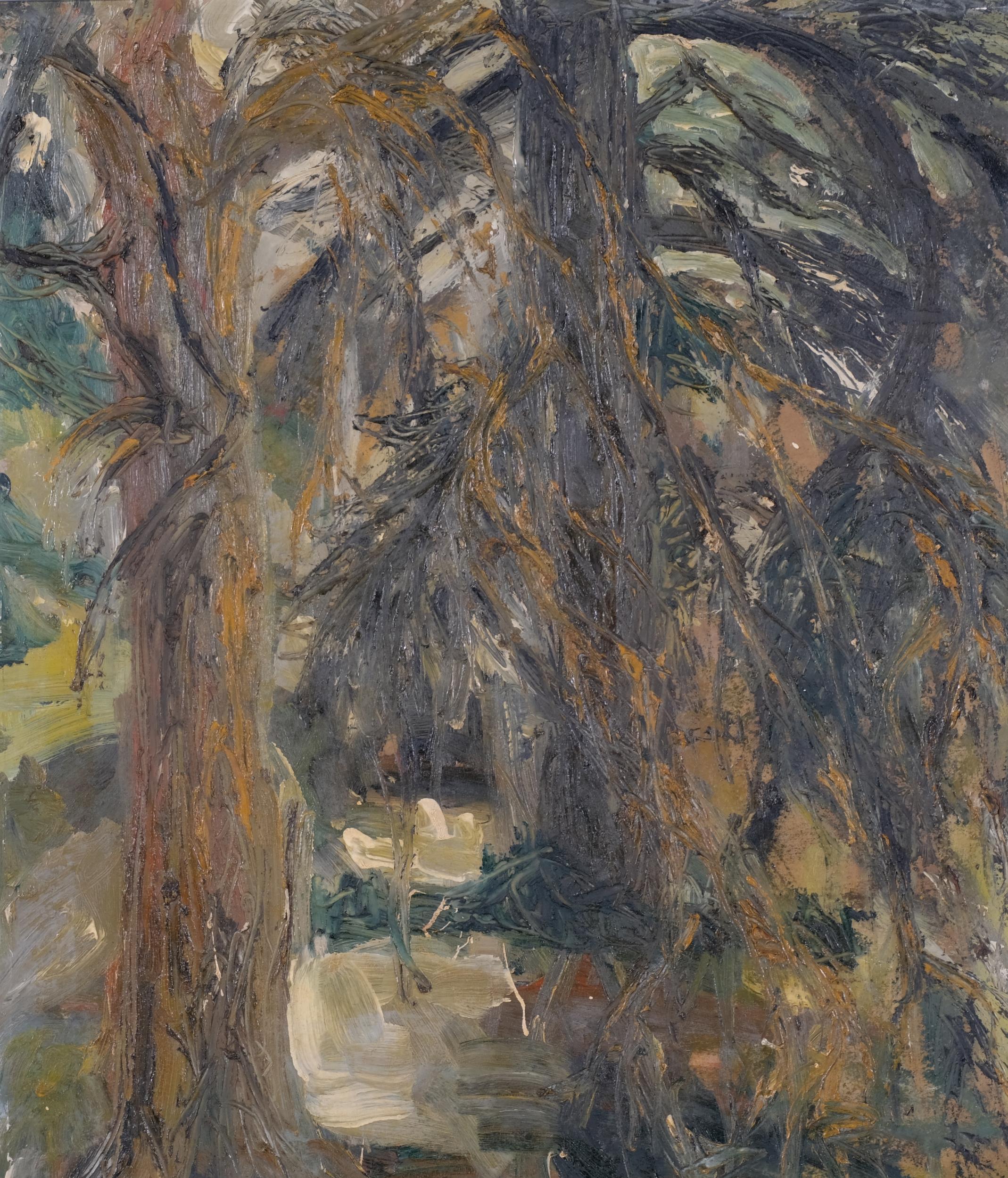 Angela Lovegrove, abstract forest scene, impasto oil on board, signed verso, 65cm x 50cm, framed - Image 2 of 4