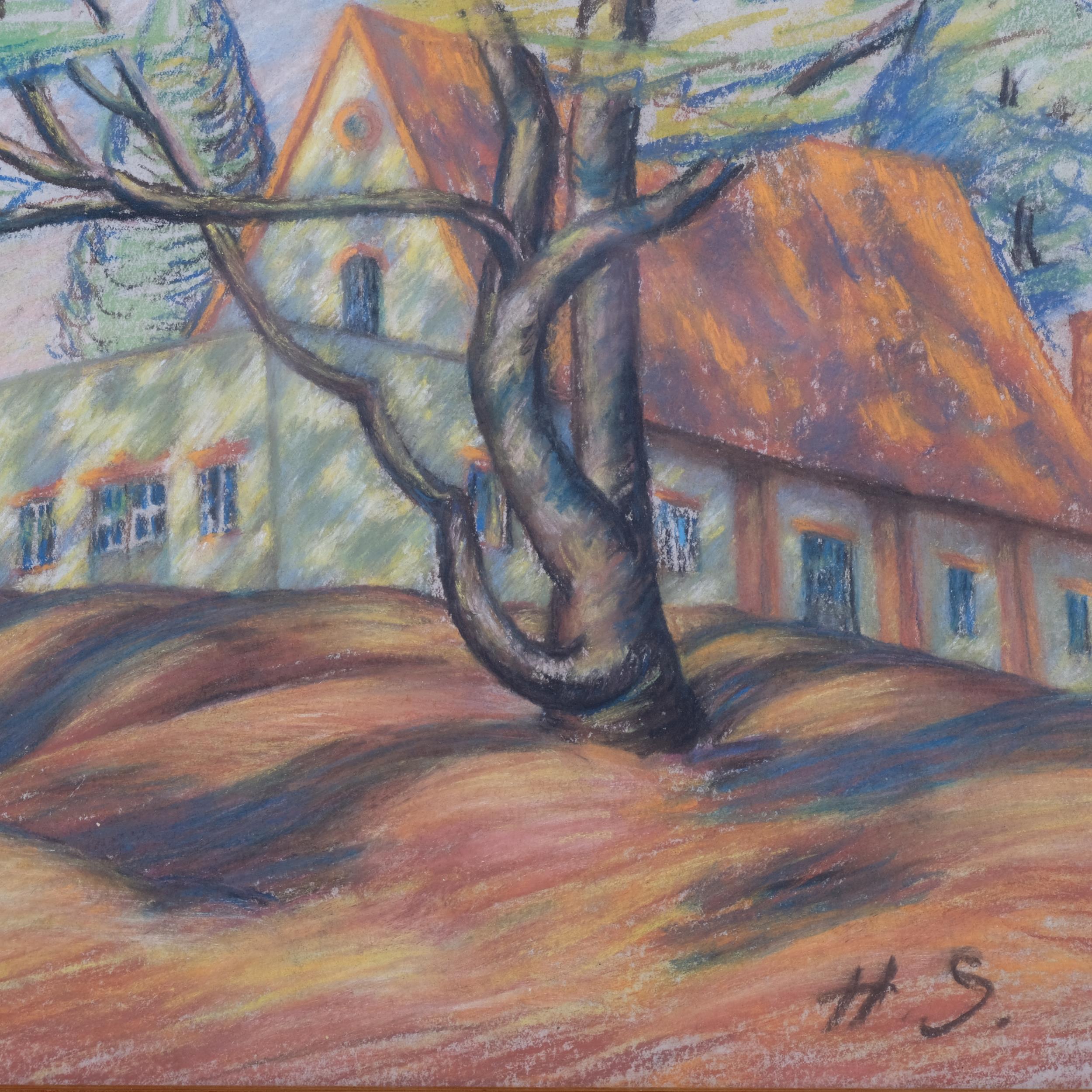 Attributed to Hugo Scheiber (1873-1950), pastel on paper, The House on the Hill, monogrammed, 28.5cm - Image 2 of 4