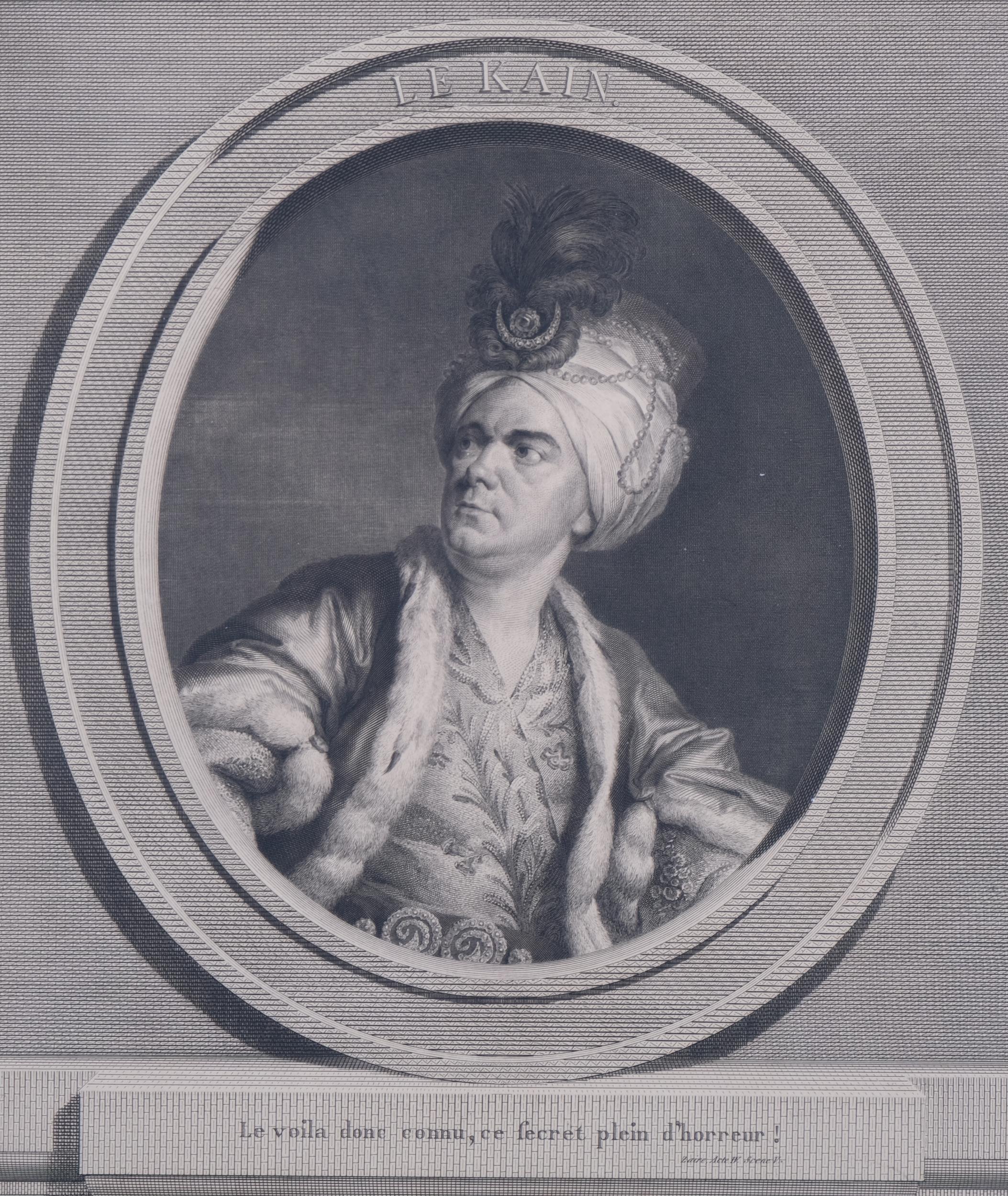 Augustin de St Aubin, French (1736-1807), engraving on paper, Le Kain, 1788, 41cm x 29cm, mounted, - Image 2 of 4