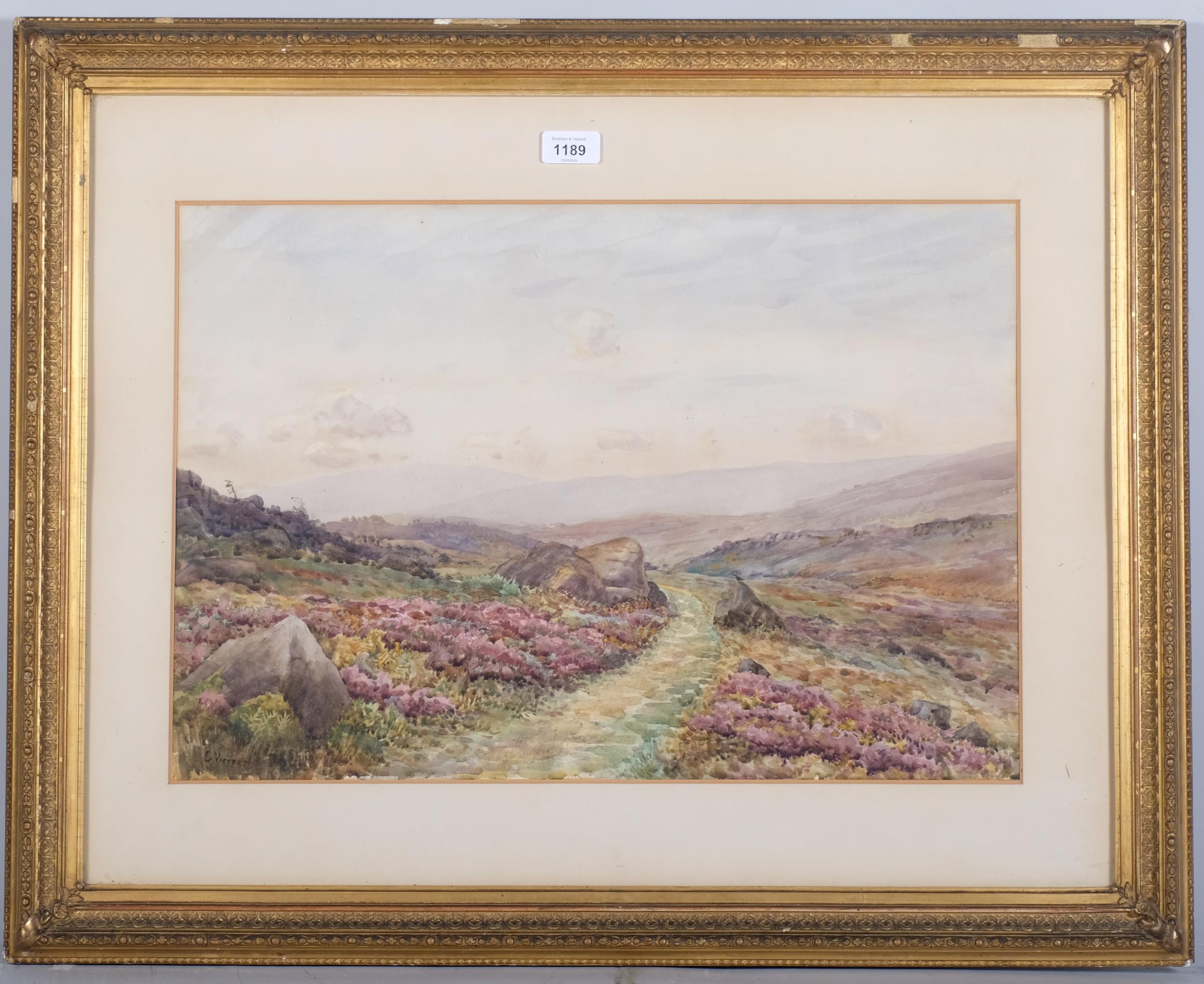 E.Vickers (XIX-XX), watercolour on paper, Moorland Scene, 55.5cm x 38cm, signed lower left, mounted, - Image 2 of 4