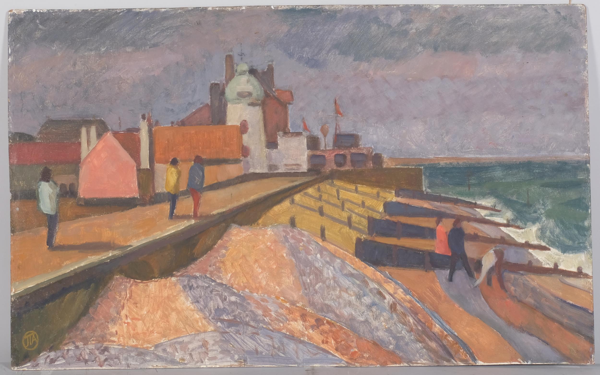 James T A Osborne, stormy weather Aldeburgh, oil on board, circa 1960, signed with monogram,