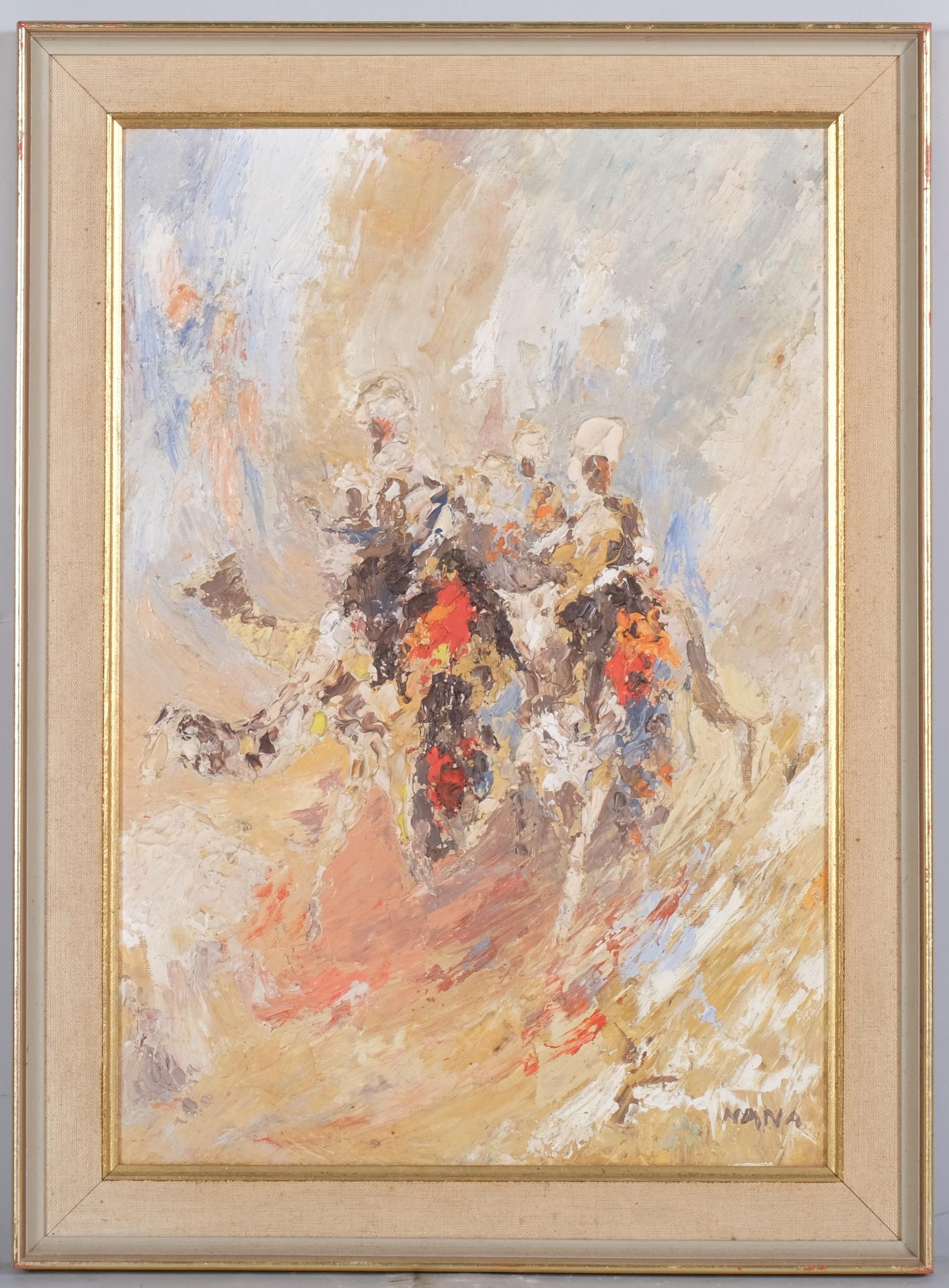 Ghassan Nana (born 1953), Arab horsemen, impressionist oil on board, signed, 44cm x 30cm, framed - Image 2 of 4