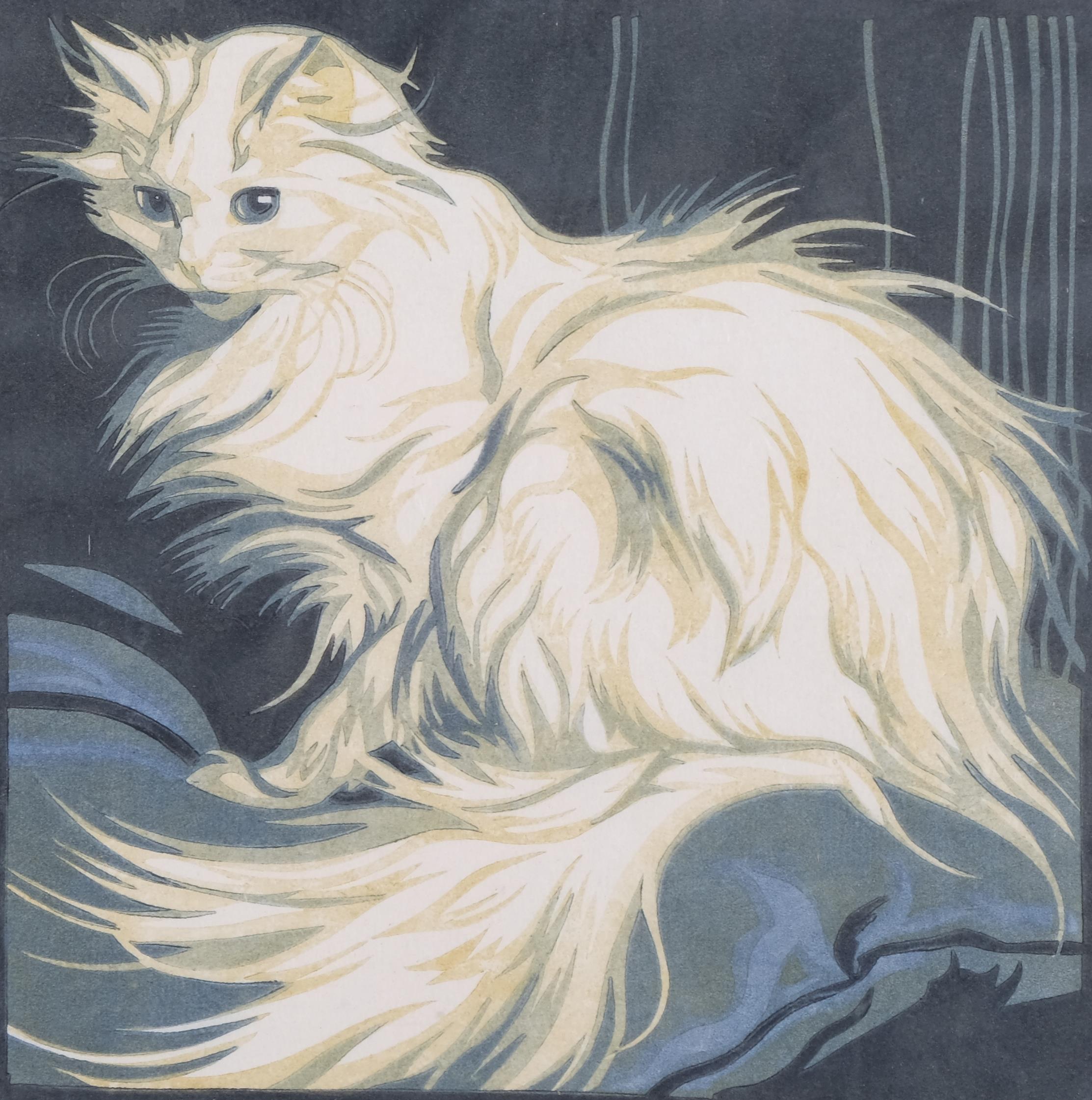 Norbertine Von Bresslern-Roth (1891 - 1978), long haired cat, colour linocut print, signed in