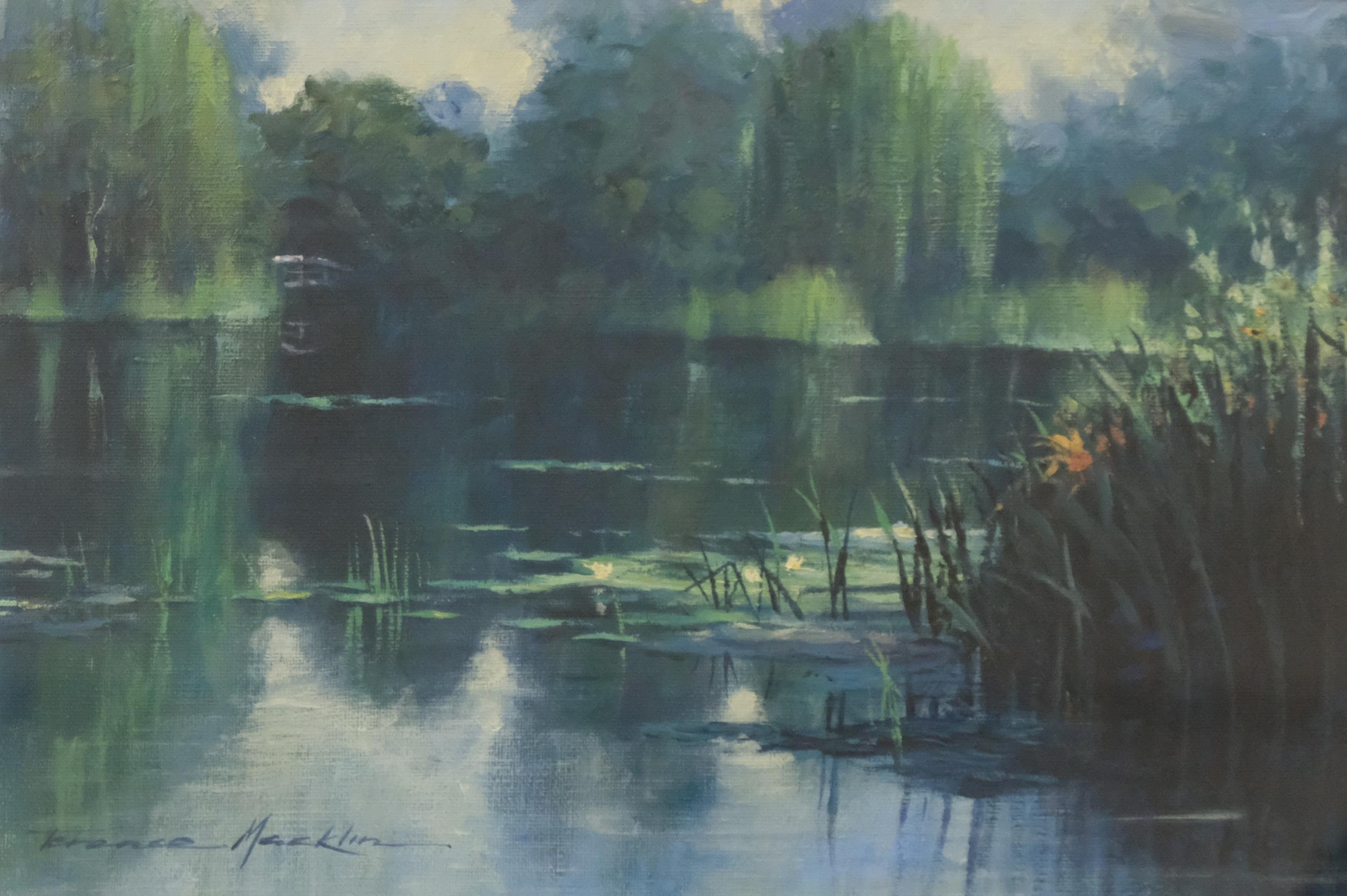 Terence Macklin, lily pond, oil on board, signed, 24cm x 35cm, framed Good condition