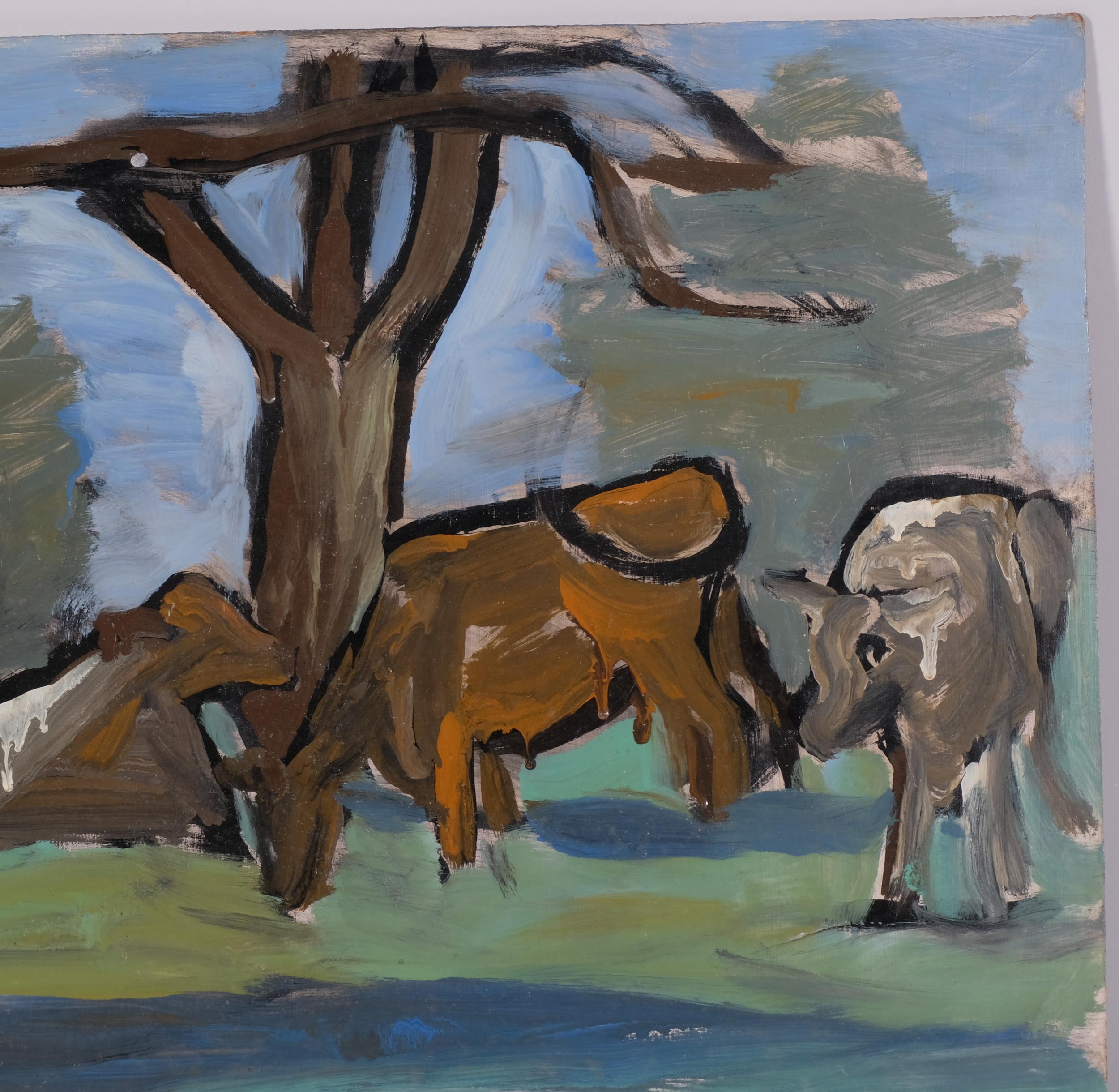 Maureen Robinette, cows sheltering under trees, mid-20th century oil on board, signed with monogram, - Image 3 of 4