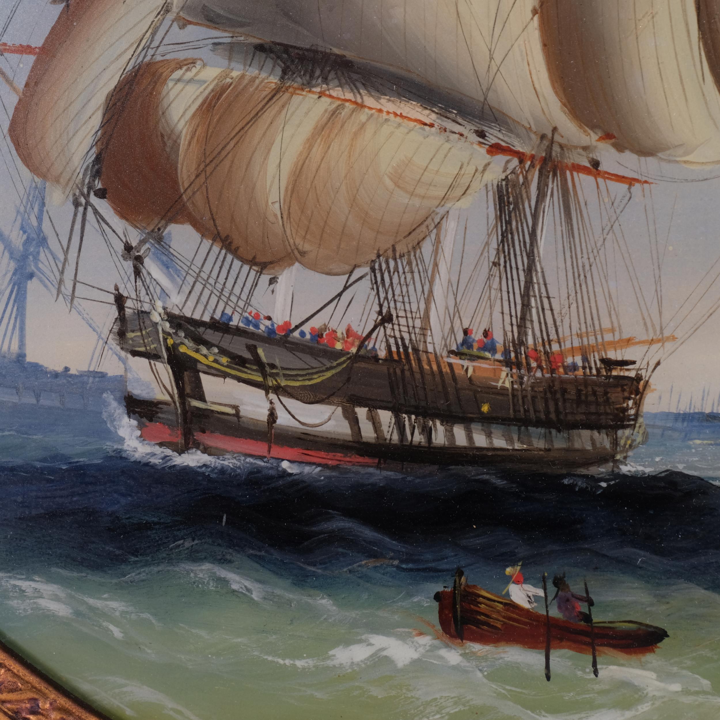 A busy shipping scene near Greenwich, 19th century reverse painting behind convex glass, unsigned, - Image 3 of 4