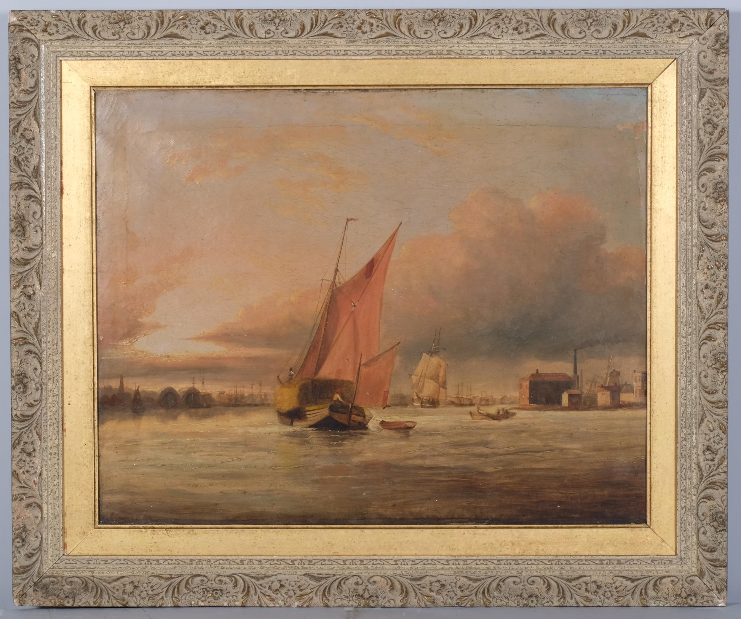 Henry Dawson (1811 - 1878), barges and shipping on the river, oil on canvas, signed, 46cm x 65cm,