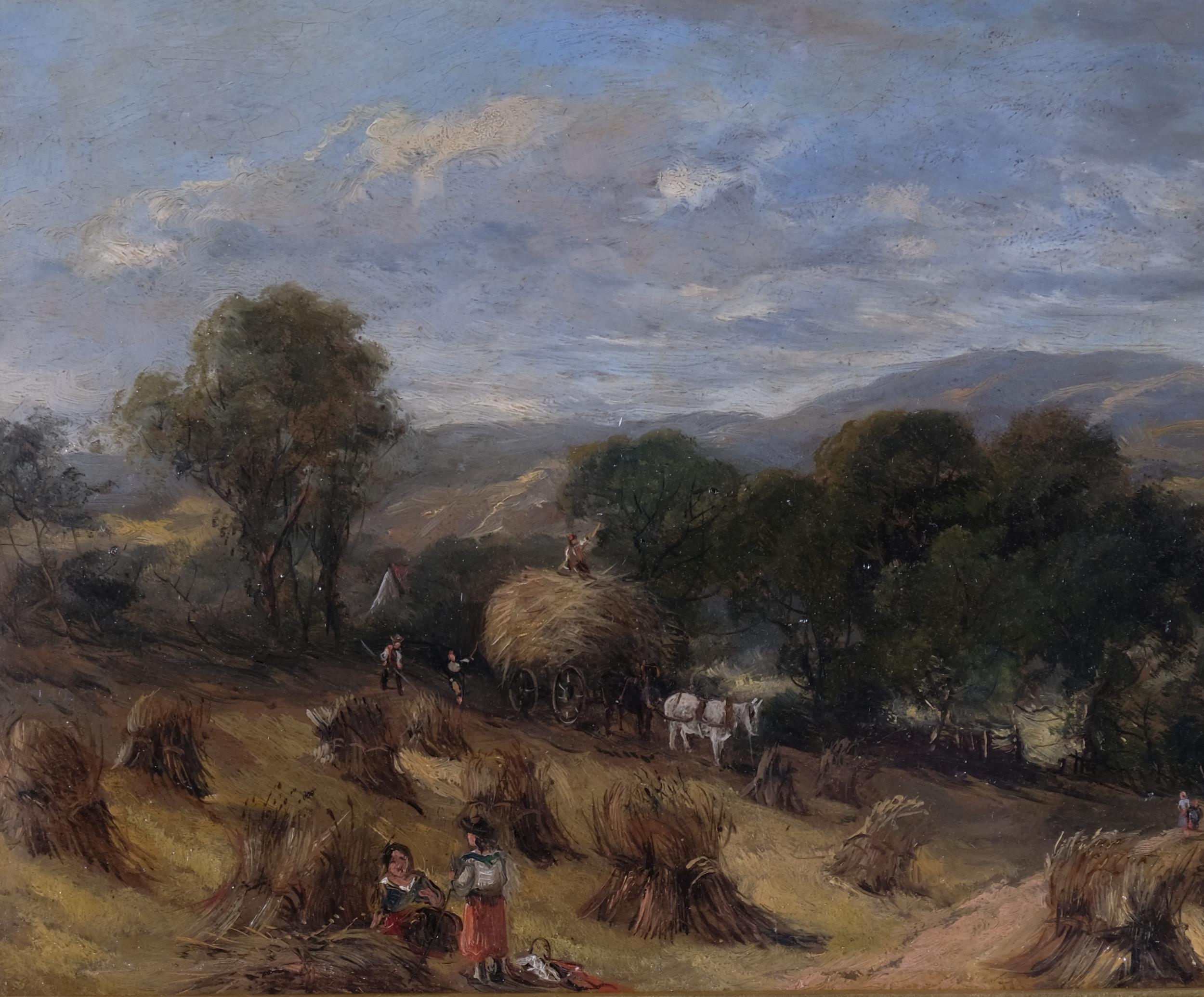 E Meadows, harvesting in Wharfedale, oil on panel, 22cm x 37cm, framed and glazed Good condition, no - Bild 3 aus 4