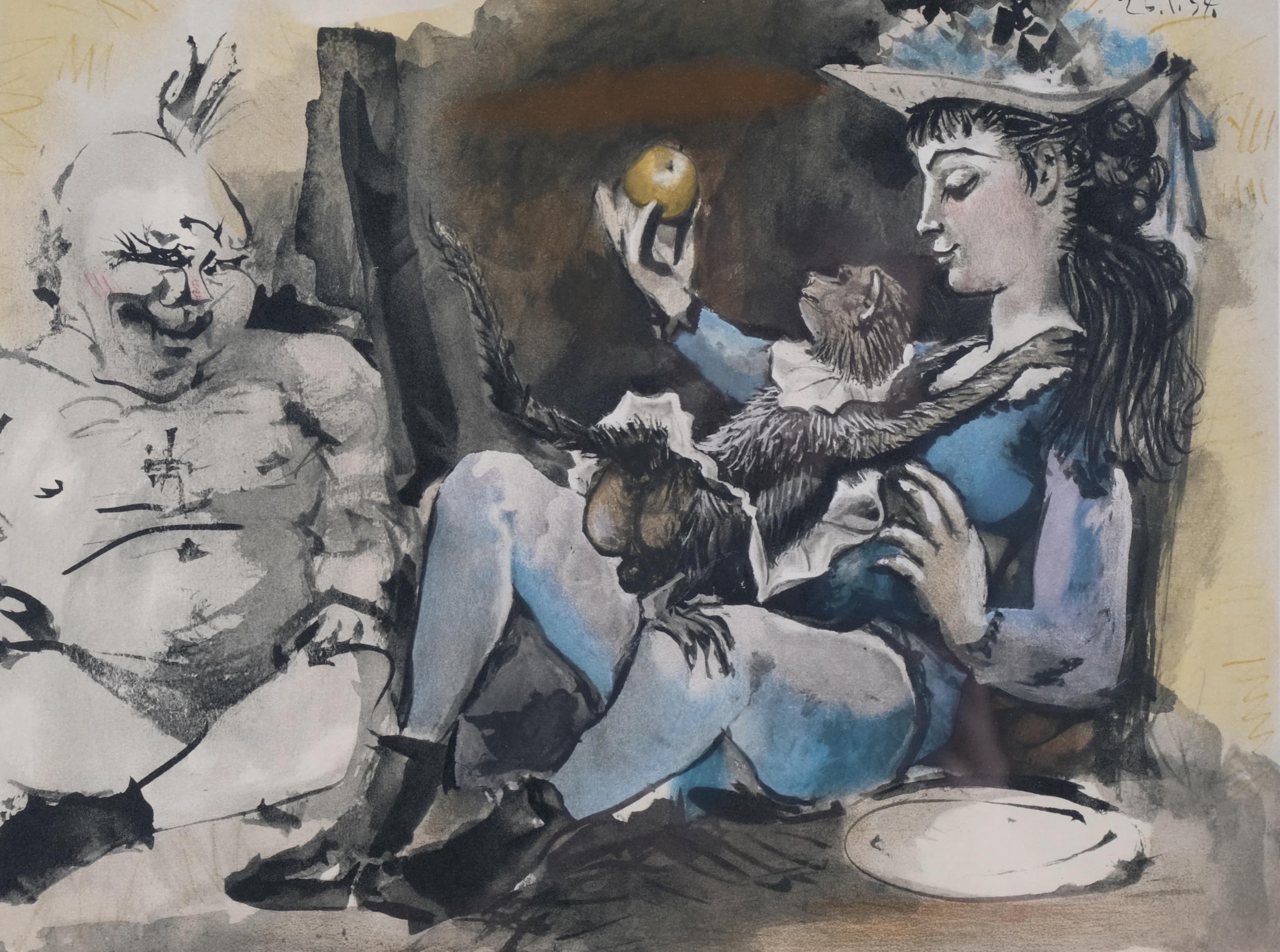 Pablo Picasso, woman with monkey and clown, original lithograph, published 1954, image 23.5cm x