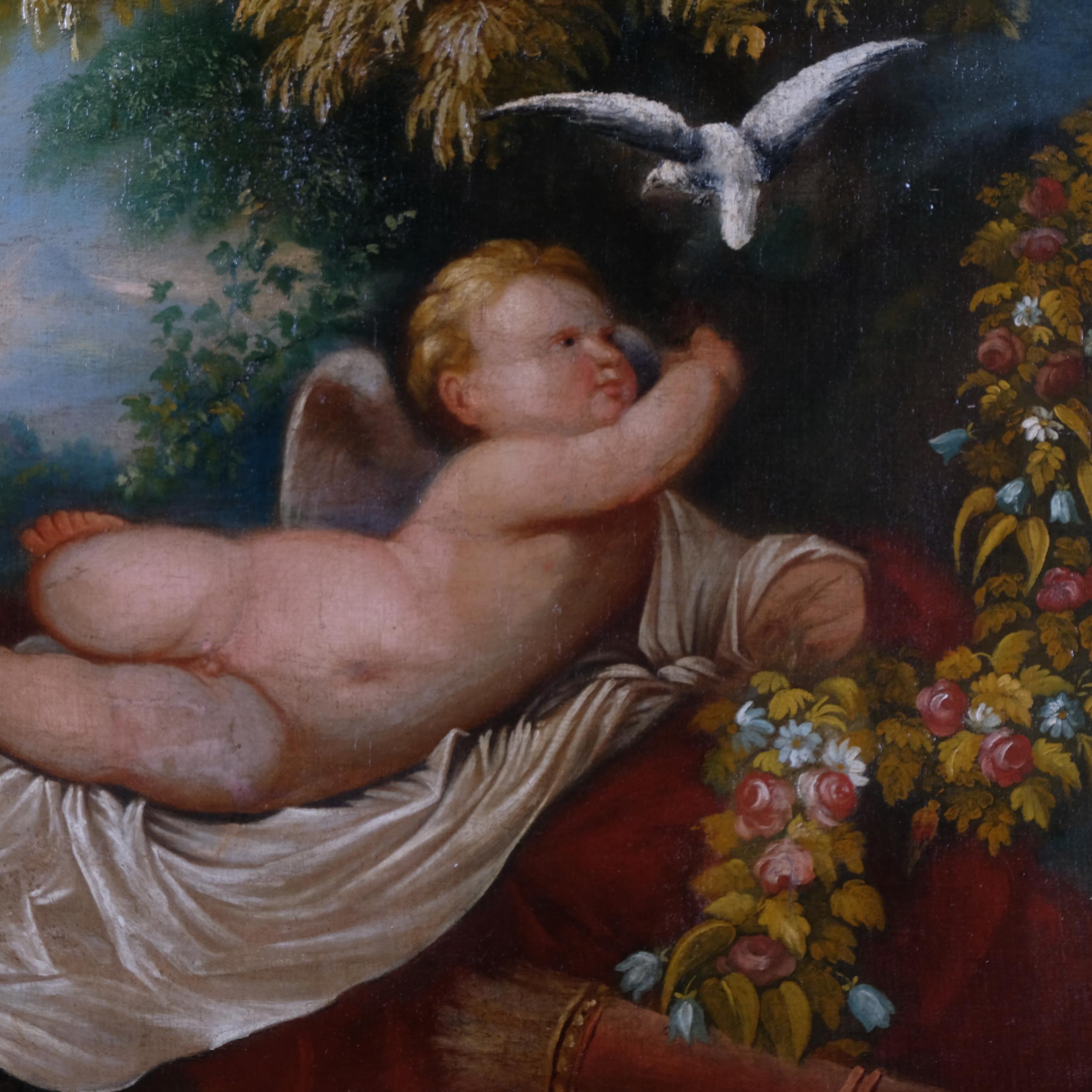 Cherub with a dove, oil on canvas, probably 18th century, unsigned, 51cm x 61cm, framed Canvas has - Image 2 of 4