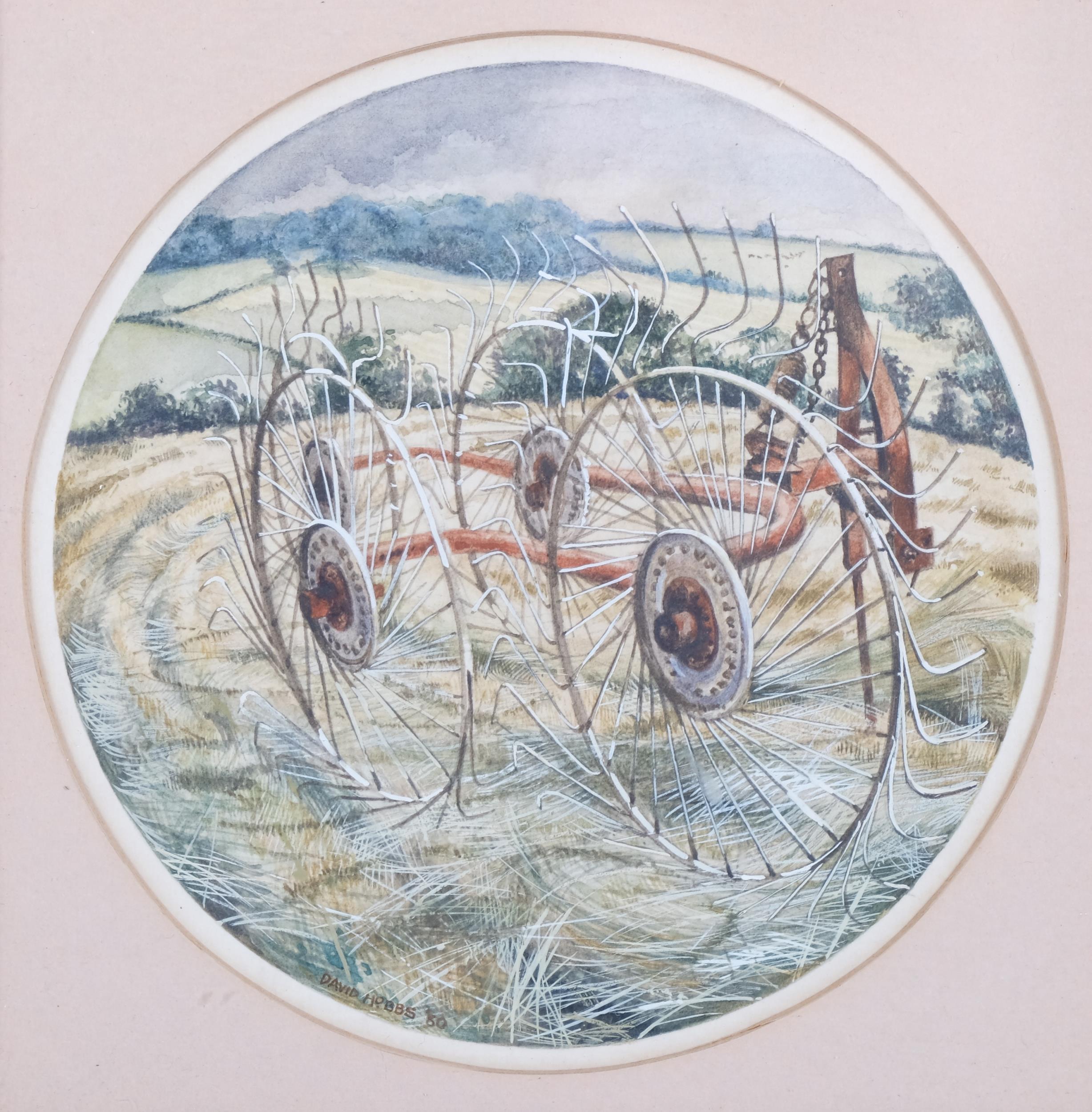 David Hobbs, farm machinery, circular watercolour, signed and dated 1980, image 11cm across,
