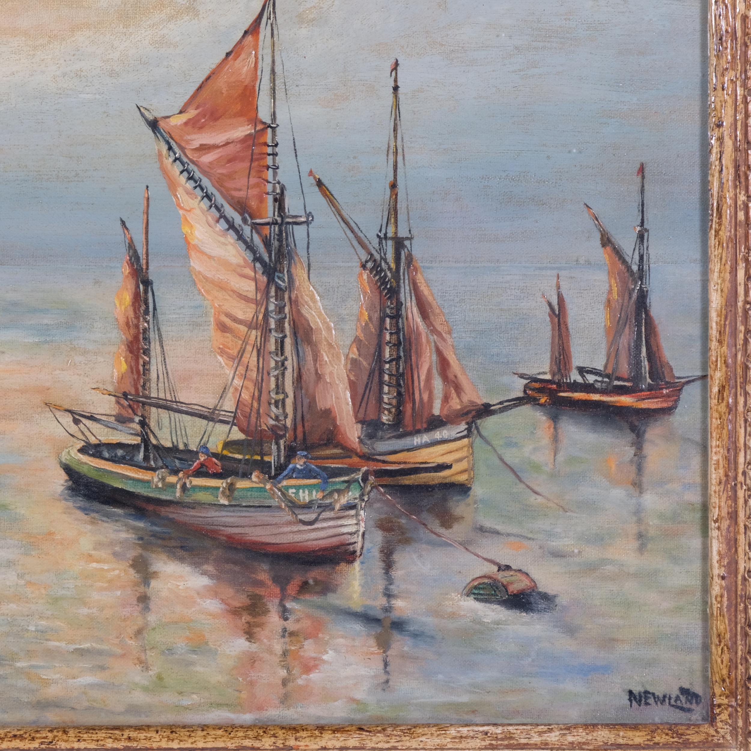 Newland, fishing boats on calm waters, oil on canvas laid on board, signed, 40cm x 50cm, framed - Image 3 of 4