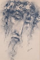 Portrait of Christ, charcoal on paper, indistinctly signed, 25cm x 17cm, framed Good condition