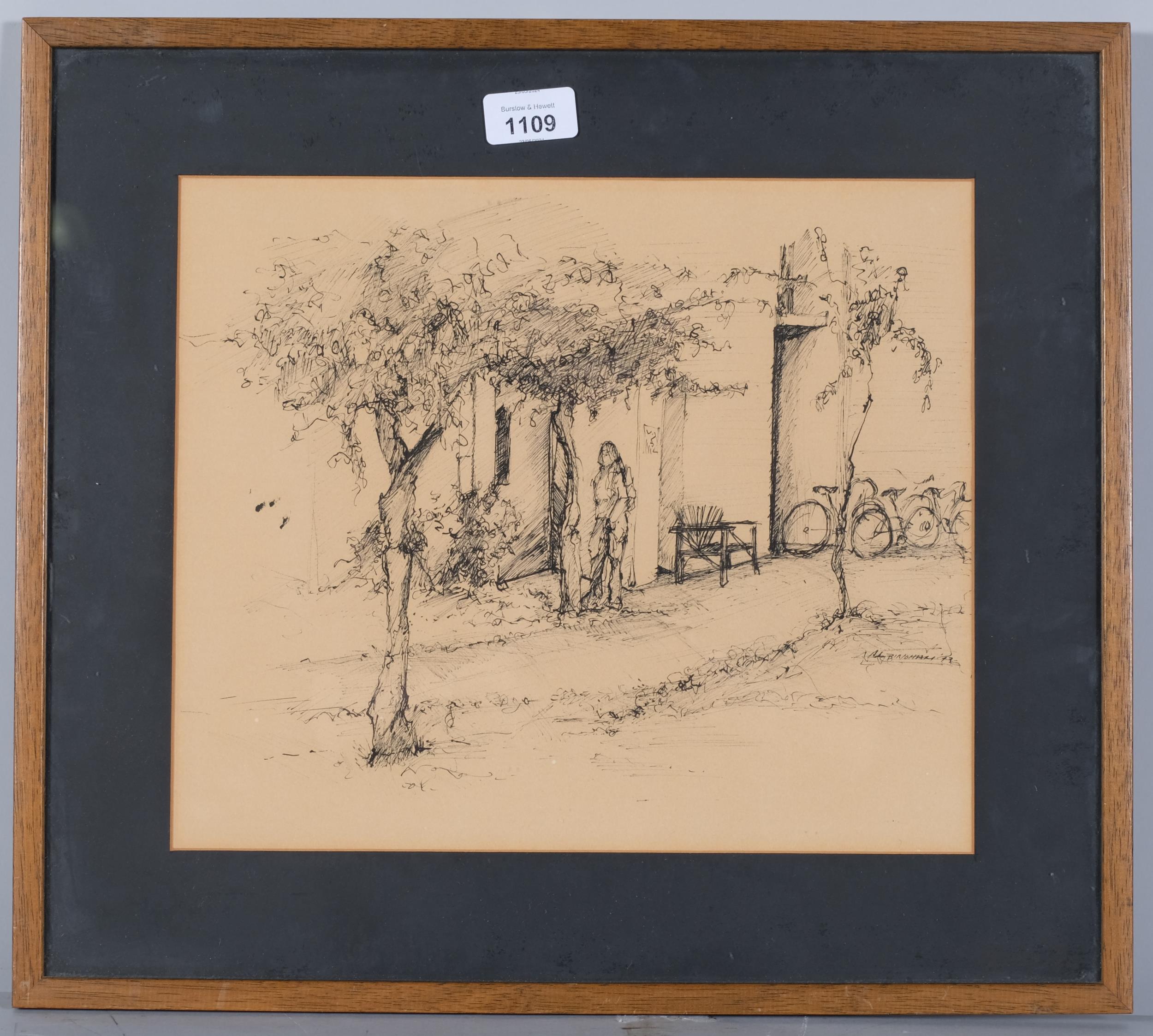 A Bingham, Continental village scene, pen and ink, signed and dated '73, with California label - Image 2 of 4