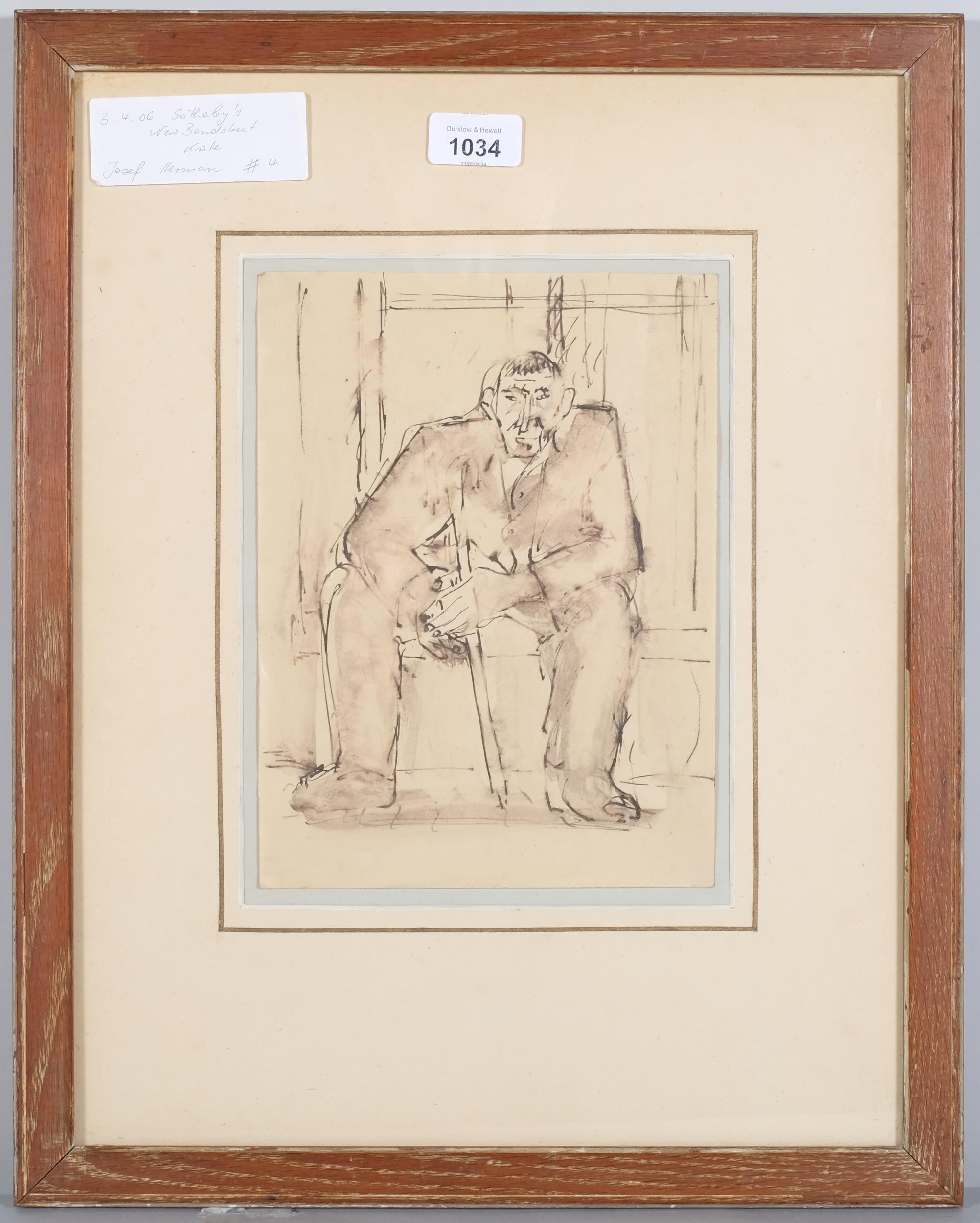 Attributed Josef Herman (1911 - 2000), seated man, ink and wash, 25cm x 19cm, framed - Image 2 of 4