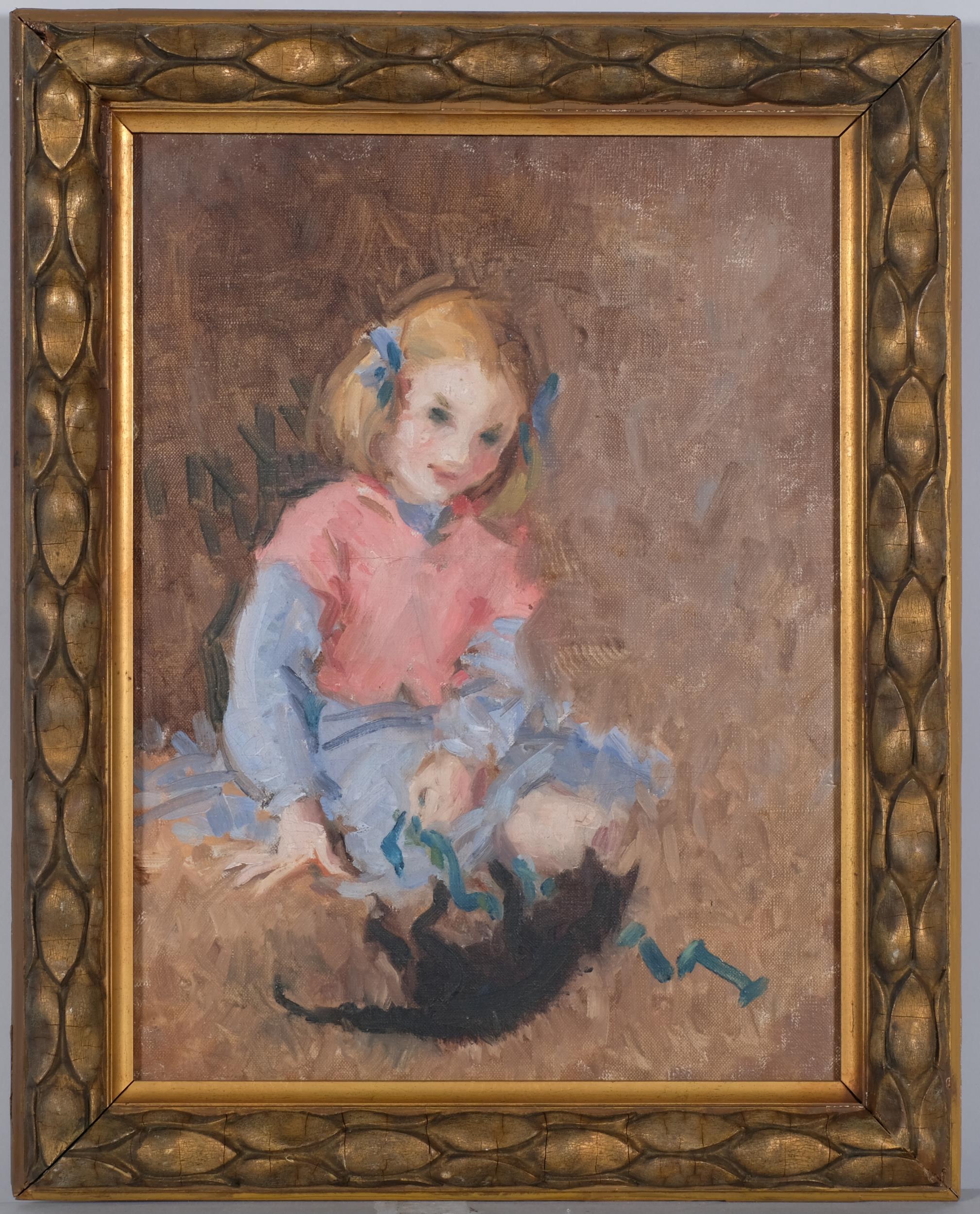 Portrait of a girl with a cat, early 20th century oil on canvas, unsigned, 40cm x 30cm, framed