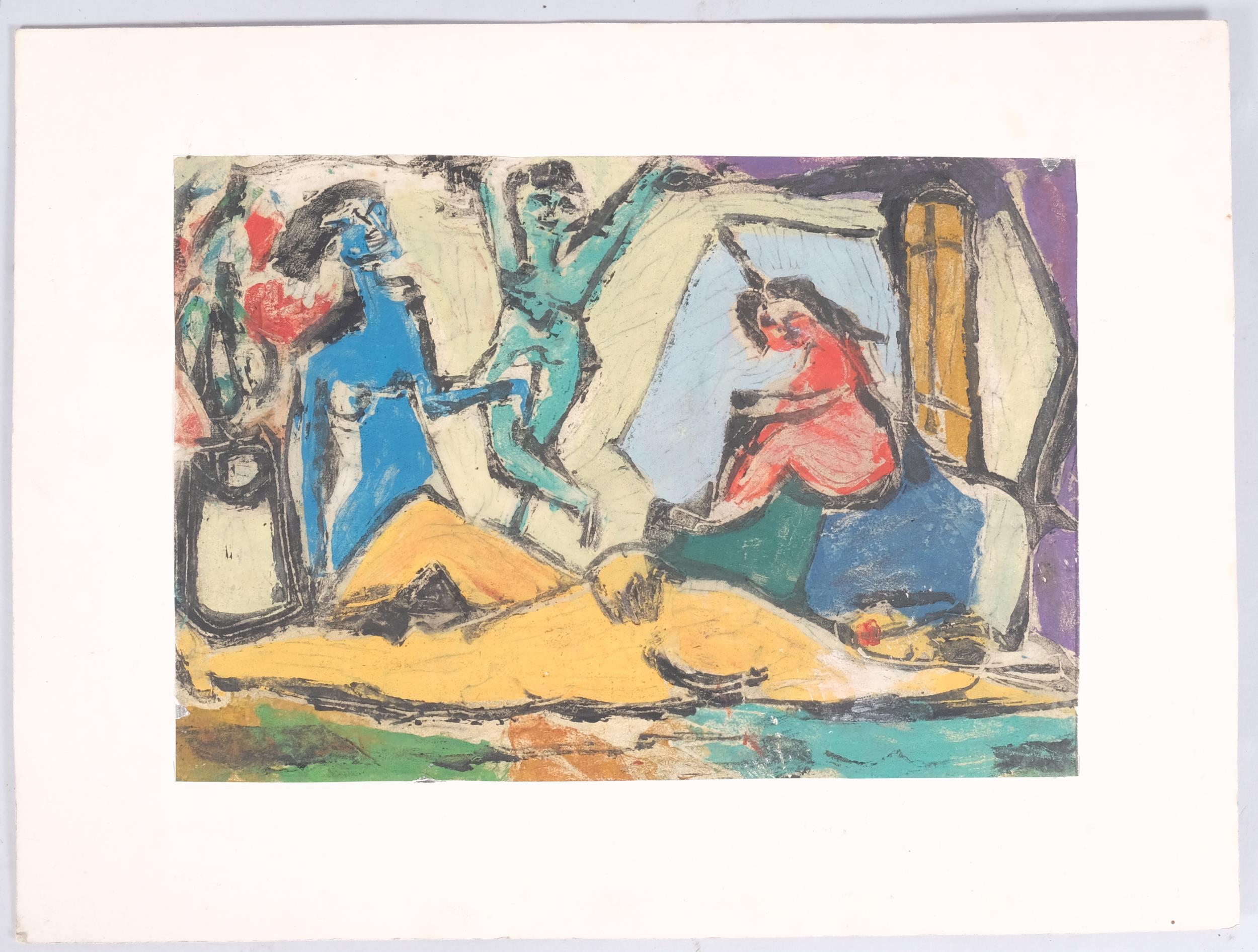 Lotte Wolf-Koch (1909 - 1977), abstract figures, watercolour on paper, artist's labels verso, - Image 2 of 4