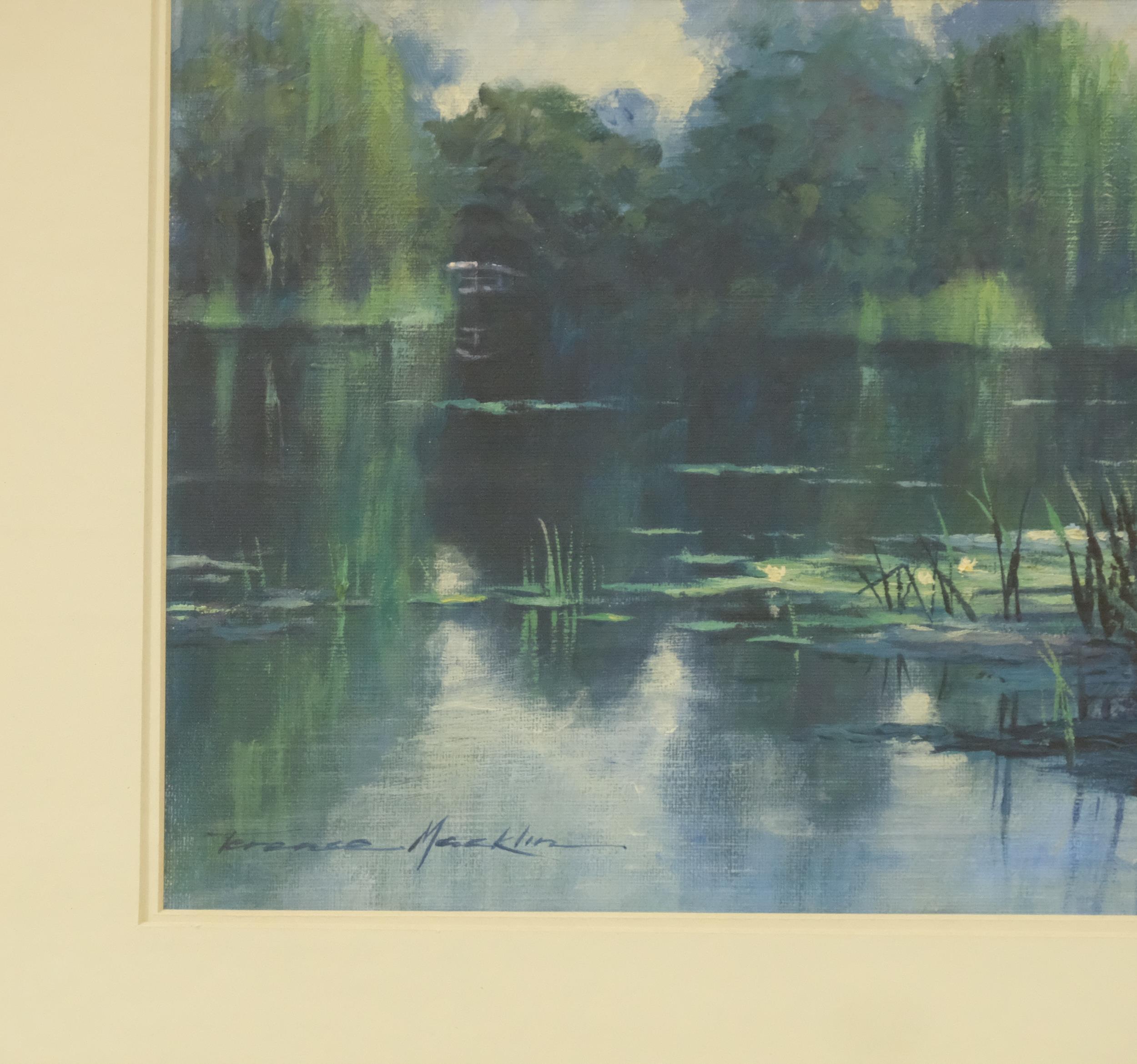 Terence Macklin, lily pond, oil on board, signed, 24cm x 35cm, framed Good condition - Image 3 of 4