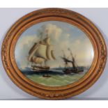 A busy shipping scene near Greenwich, 19th century reverse painting behind convex glass, unsigned,