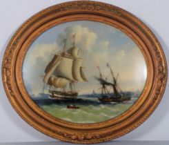 A busy shipping scene near Greenwich, 19th century reverse painting behind convex glass, unsigned,