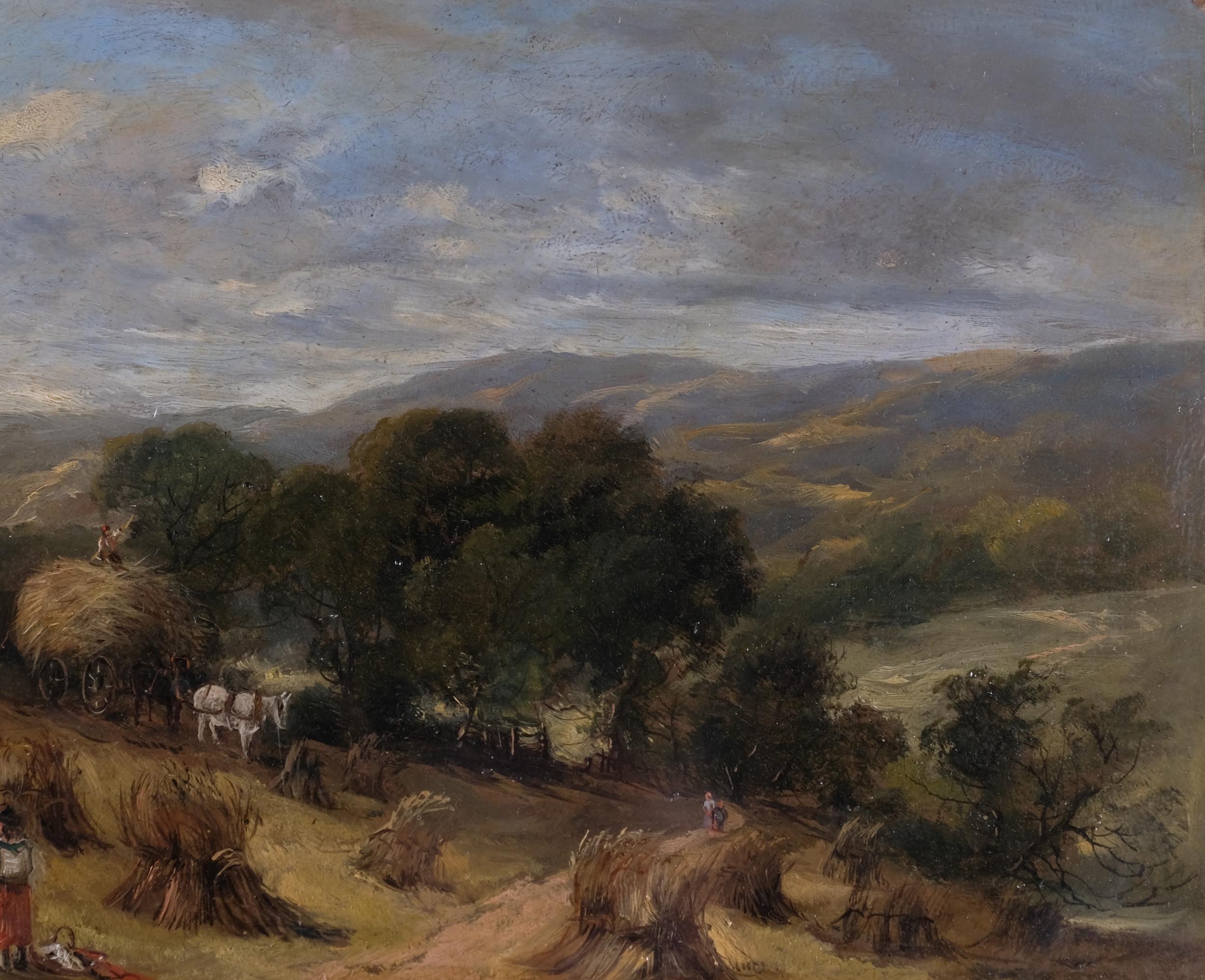 E Meadows, harvesting in Wharfedale, oil on panel, 22cm x 37cm, framed and glazed Good condition, no - Bild 2 aus 4