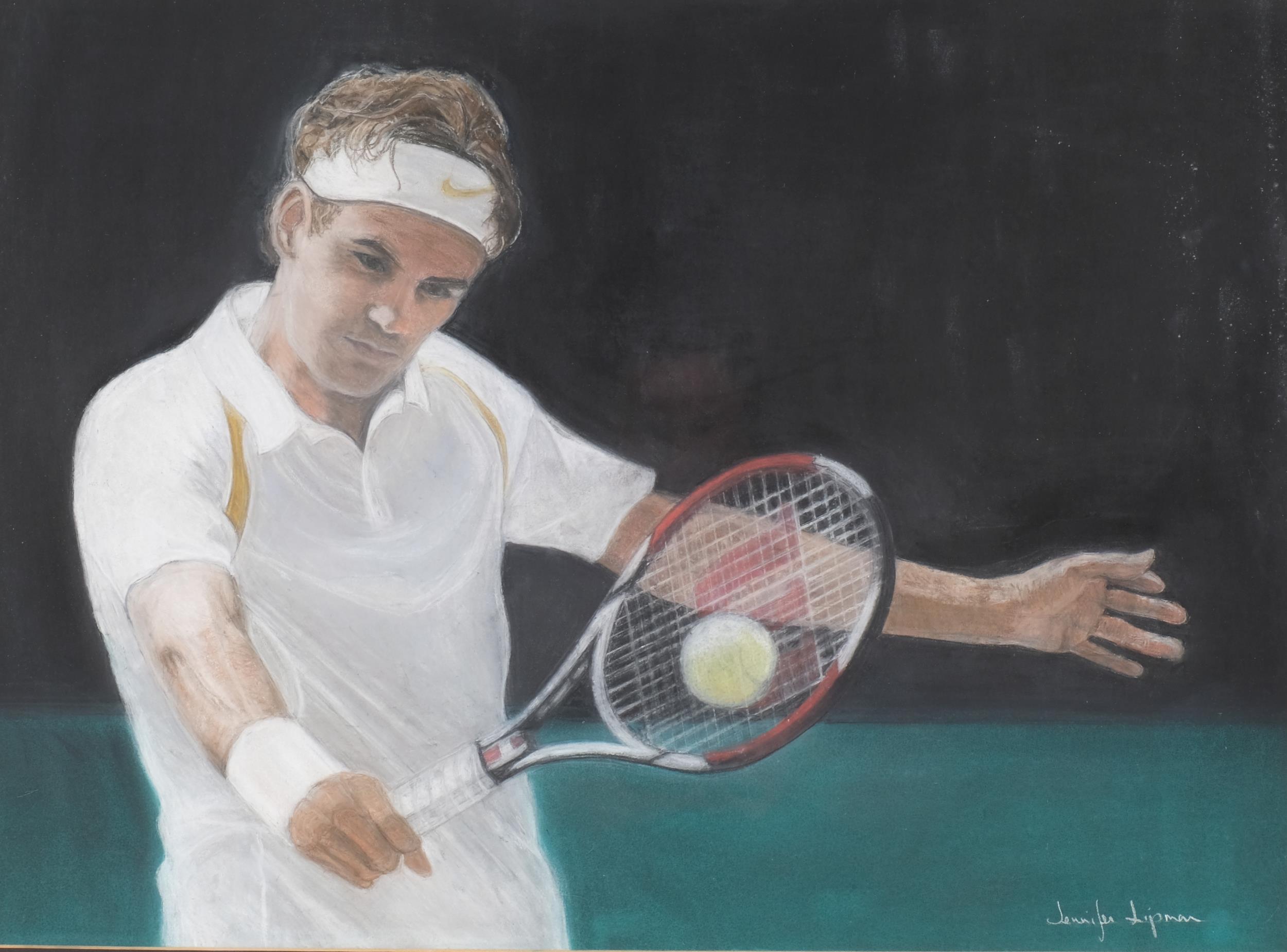 Jennifer Lipman (1935 - 2022), Roger Federer, coloured pastels, signed, 42cm x 58cm, framed Good