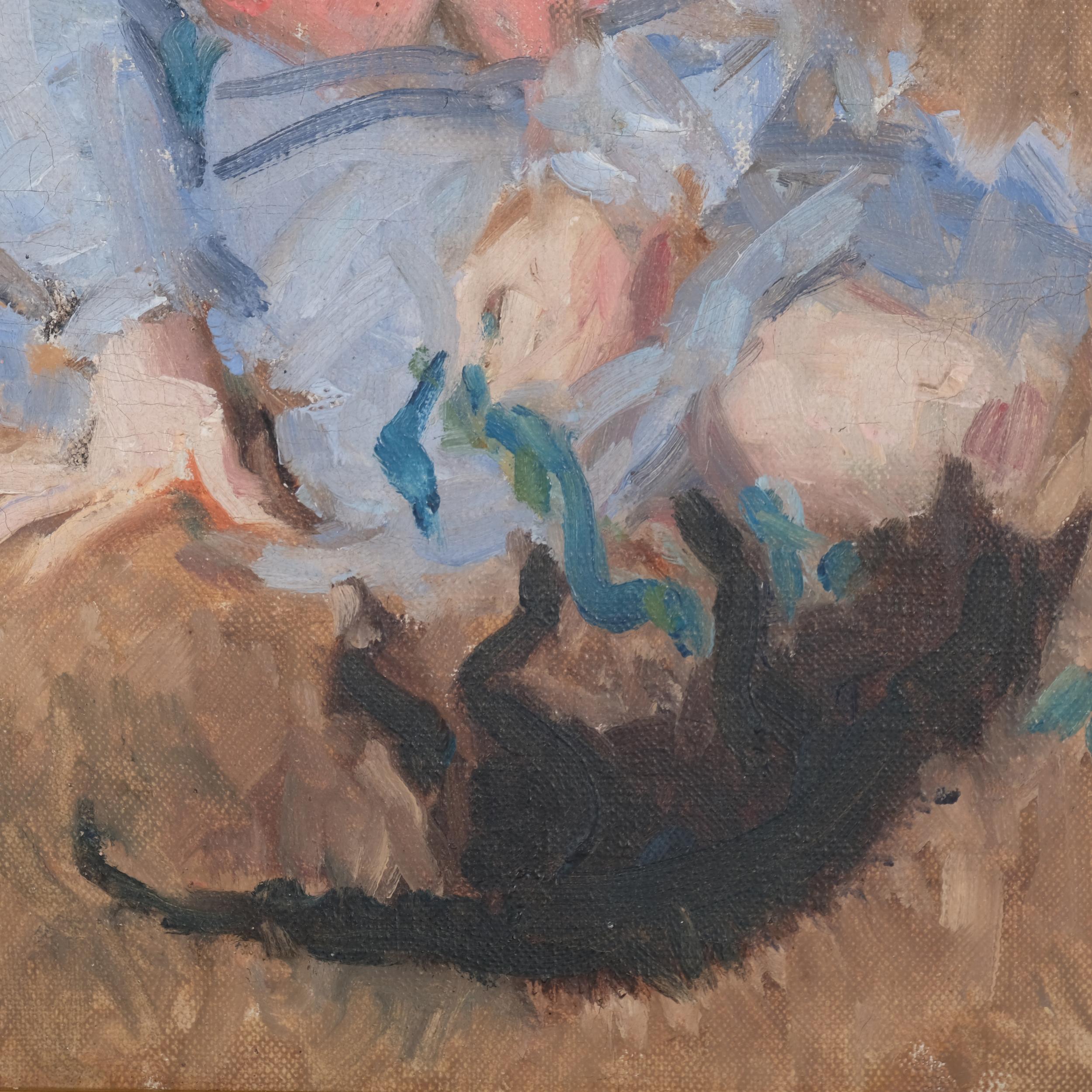 Portrait of a girl with a cat, early 20th century oil on canvas, unsigned, 40cm x 30cm, framed - Image 3 of 4