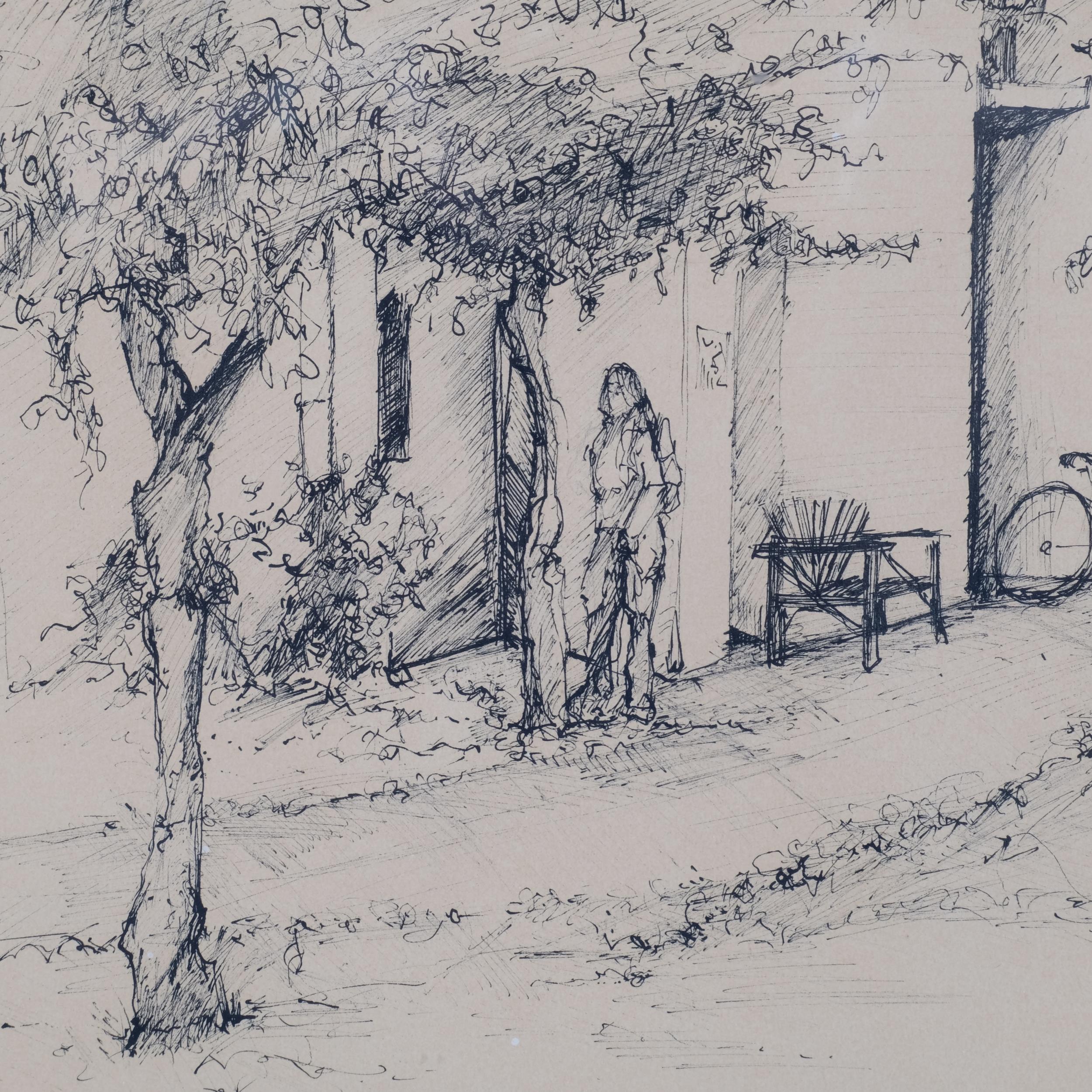 A Bingham, Continental village scene, pen and ink, signed and dated '73, with California label - Image 3 of 4