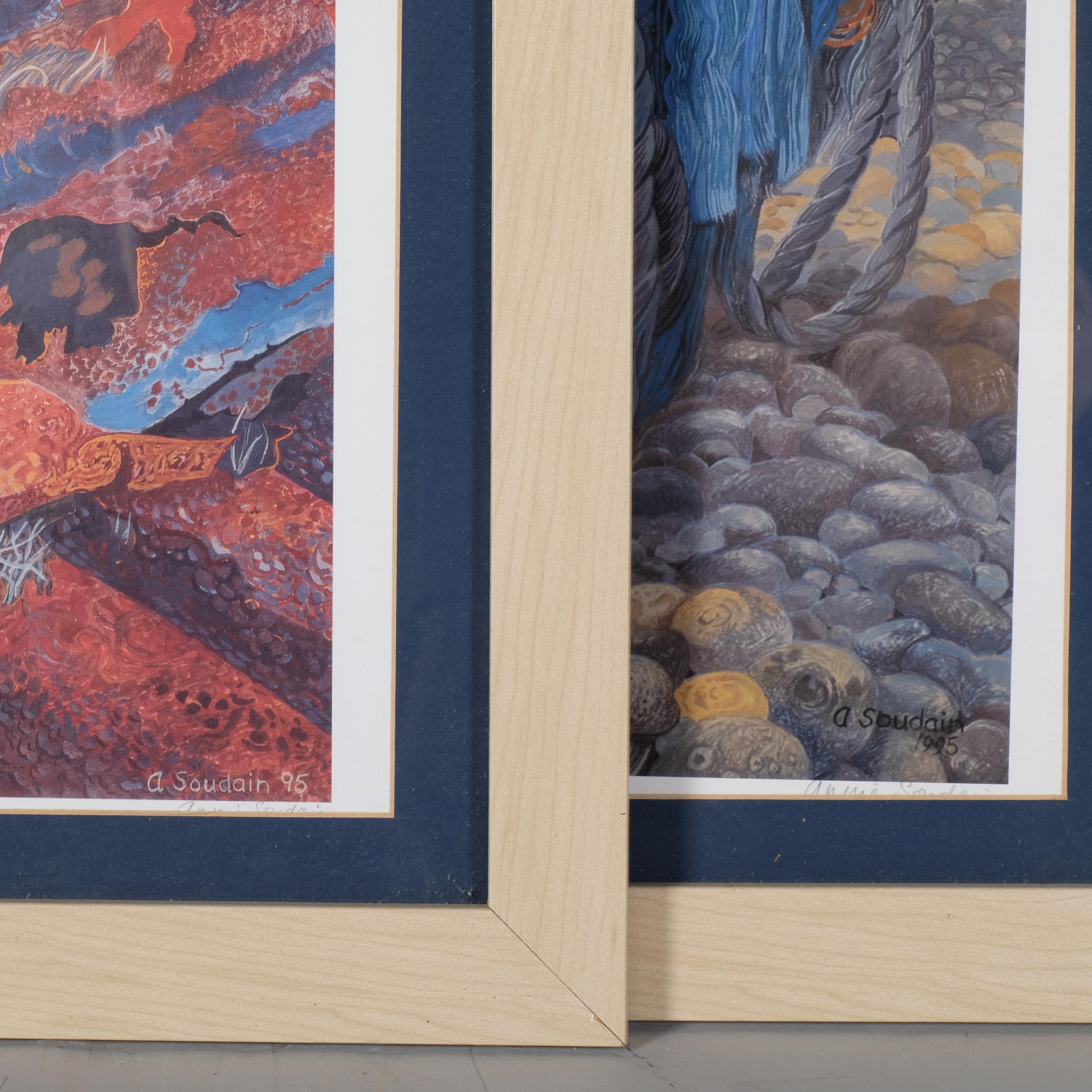 Annie Soudain, pair of beach scenes, colour lithographs, signed in pencil, image 52cm x 36cm, framed - Image 3 of 4