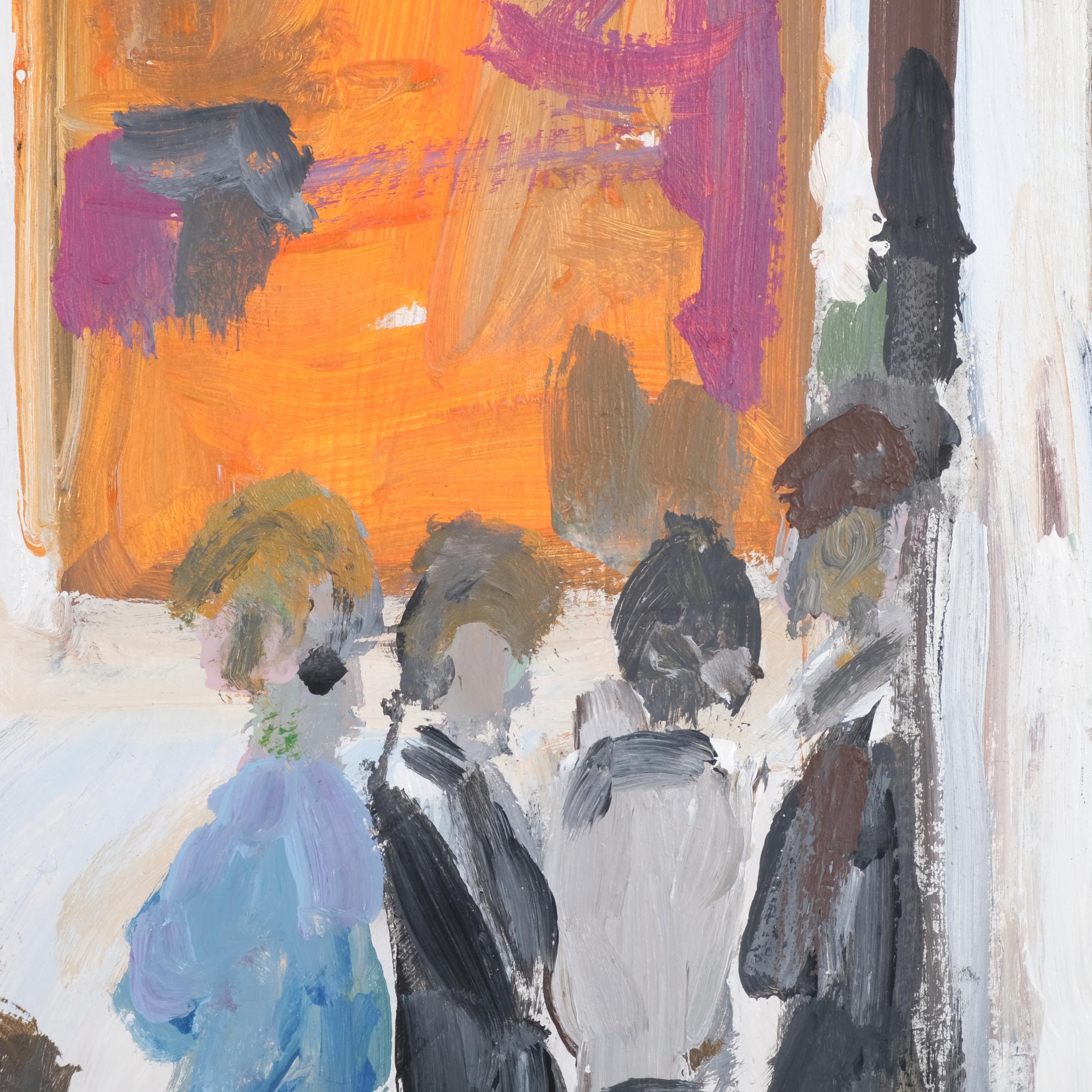 Students visiting the Tate Gallery, contemporary oil on board, unsigned, 41cm x 30cm, framed Good - Image 3 of 4