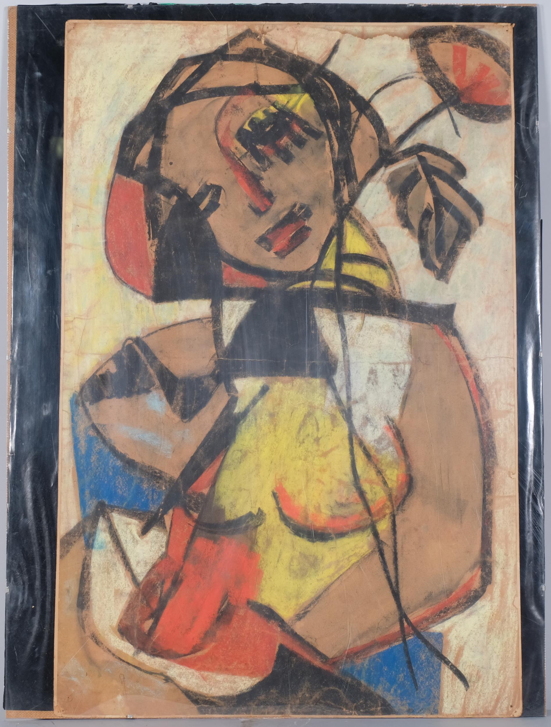 Lotte Wolf-Koch (1909 - 1977), abstract figure, crayon/charcoal on paper, 78cm x 50cm, clip frame