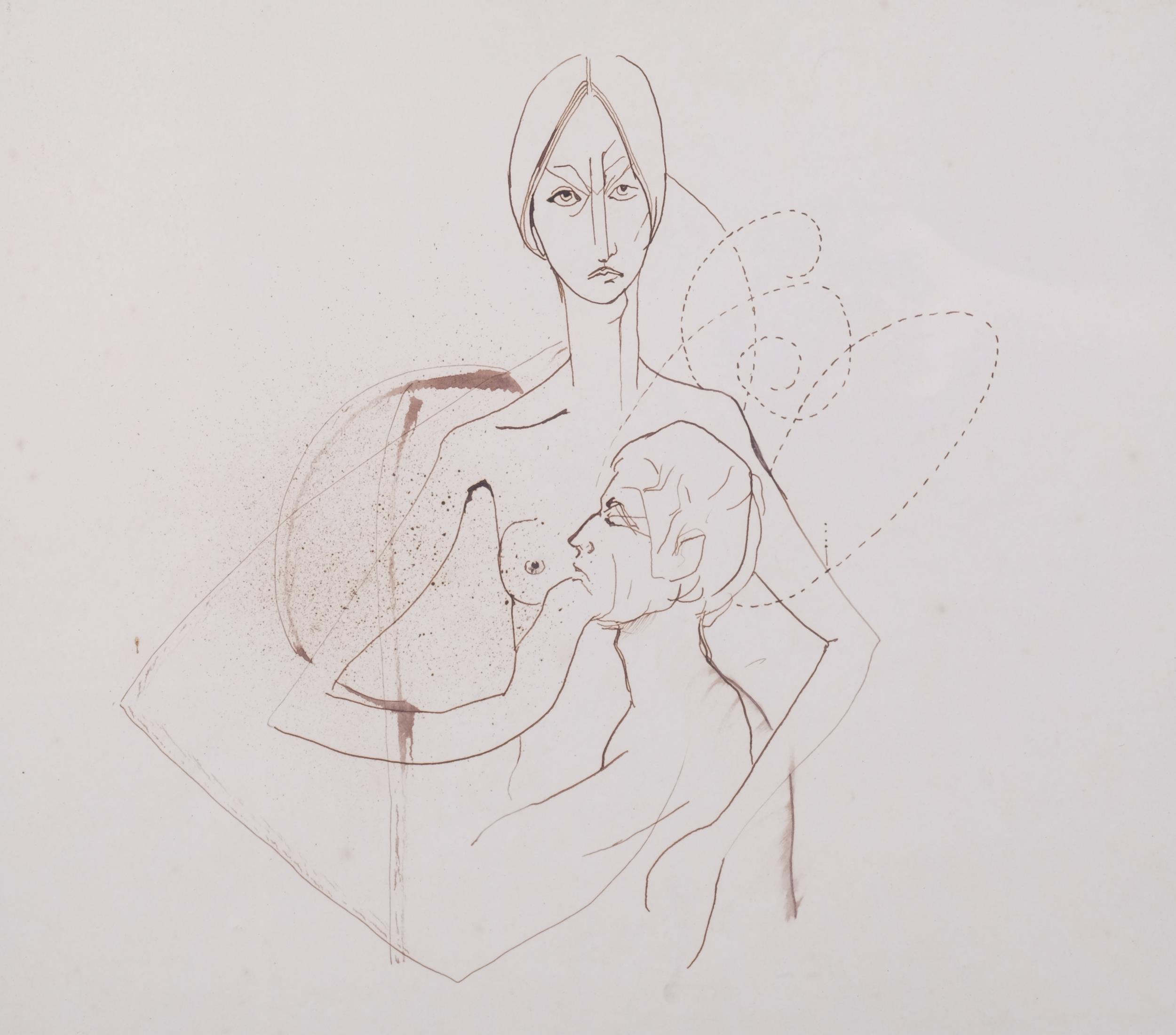 Mary Scott (Hastings artist), abstract figures, pen and ink on paper, 34cm x 38cm, framed Good