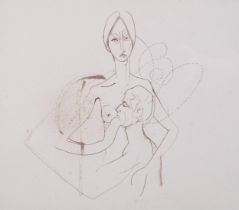Mary Scott (Hastings artist), abstract figures, pen and ink on paper, 34cm x 38cm, framed Good