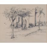 A Bingham, Continental village scene, pen and ink, signed and dated '73, with California label
