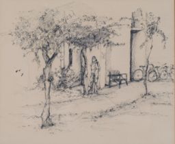A Bingham, Continental village scene, pen and ink, signed and dated '73, with California label