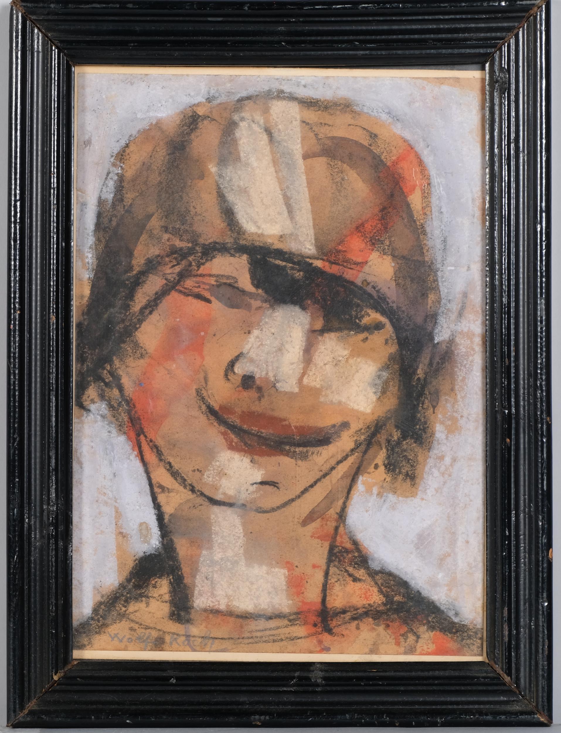 Lotte Wolf-Koch (1909 - 1977), self portrait, watercolour/crayon, signed, 28cm x 21cm, framed