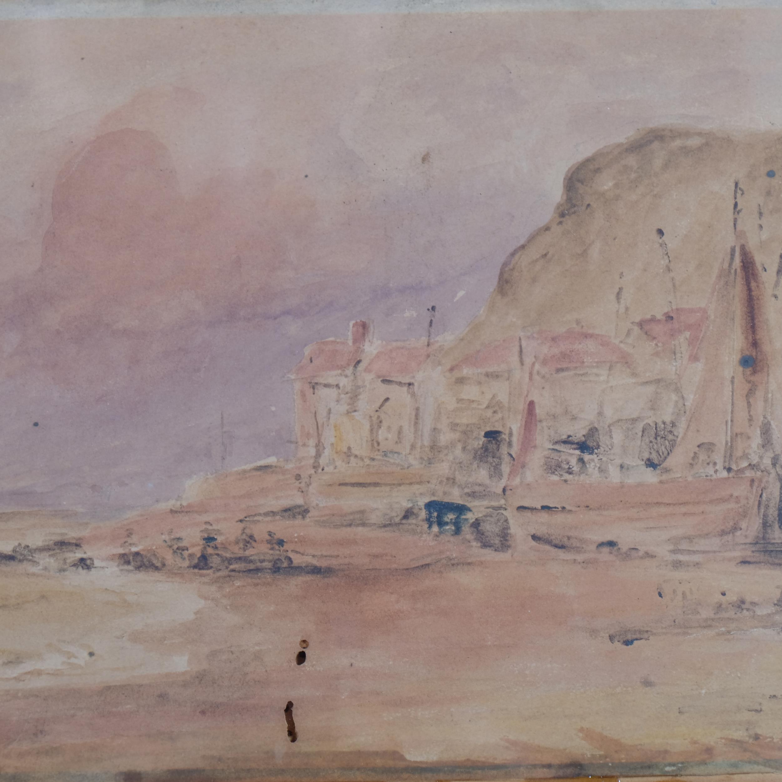 Hastings beach 1831, watercolour, unsigned, 13cm x 21cm, framed Woodworm holes and discolouration - Image 3 of 4