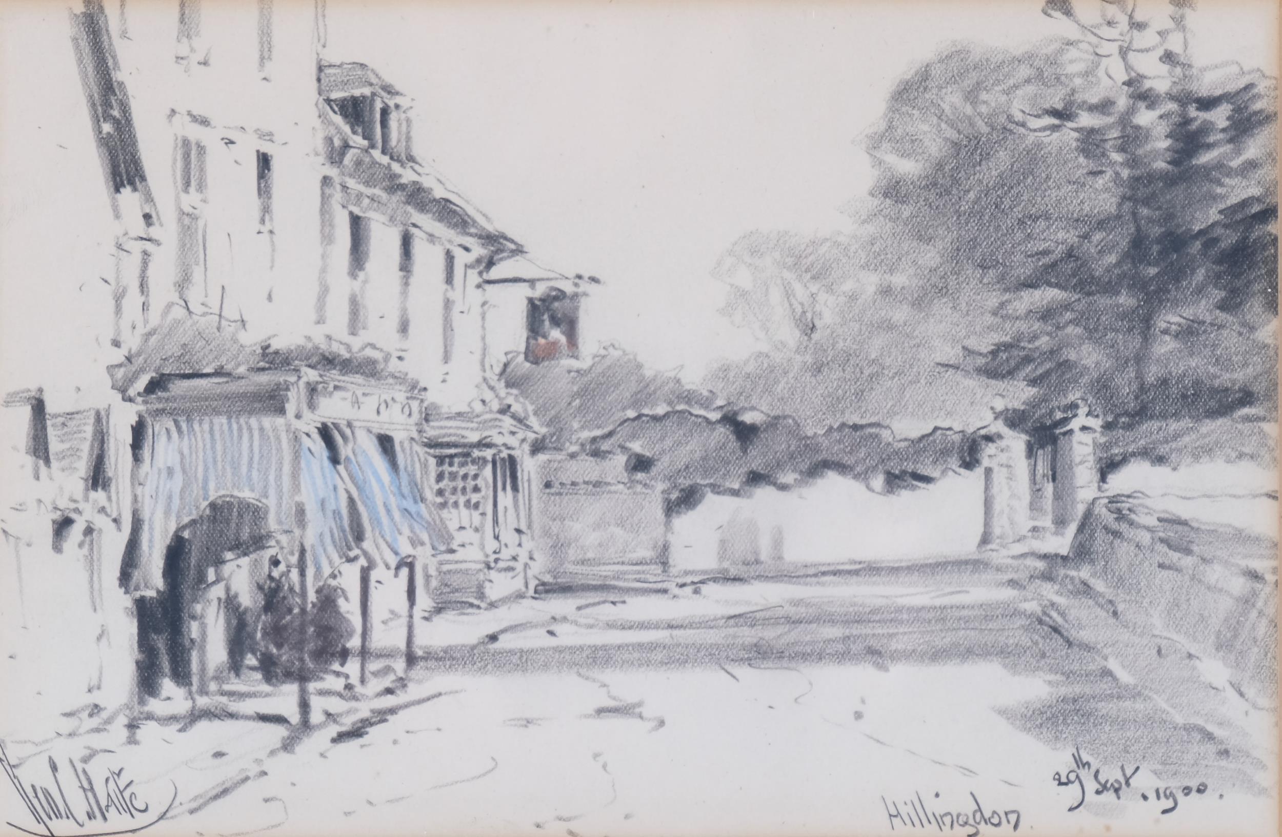 George Charles Haite, Hillingdon, charcoal/crayon, signed and dated 1900, 14cm x 22cm, framed Slight