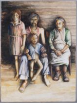 Portrait of an Eastern European family, oil on canvas, unsigned, 109cm x 81cm, unframed Good