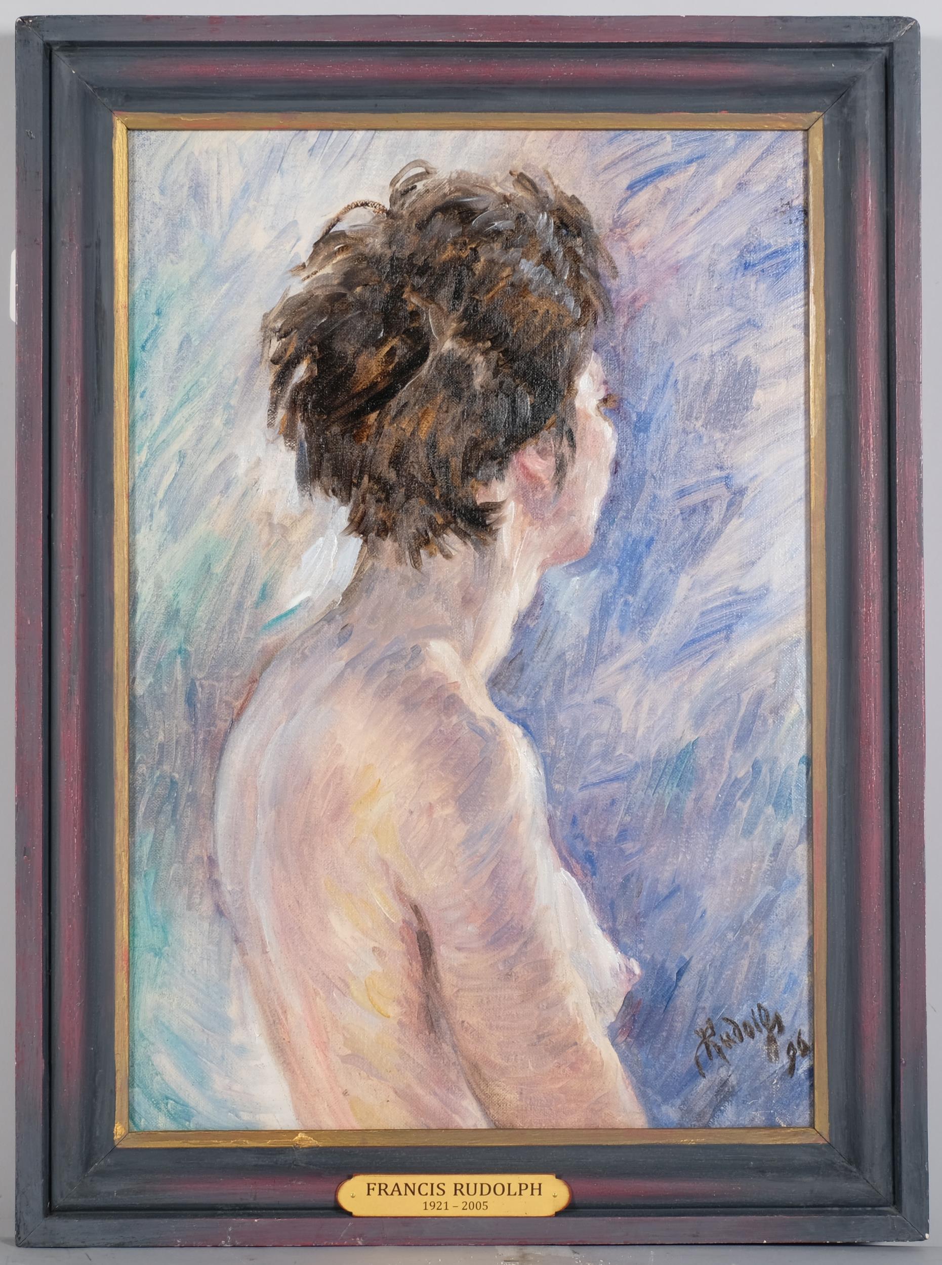 Francis Rudolph (1921 - 2005), nude portrait, oil on canvas, signed and dated 1996, 52cm x 35cm,