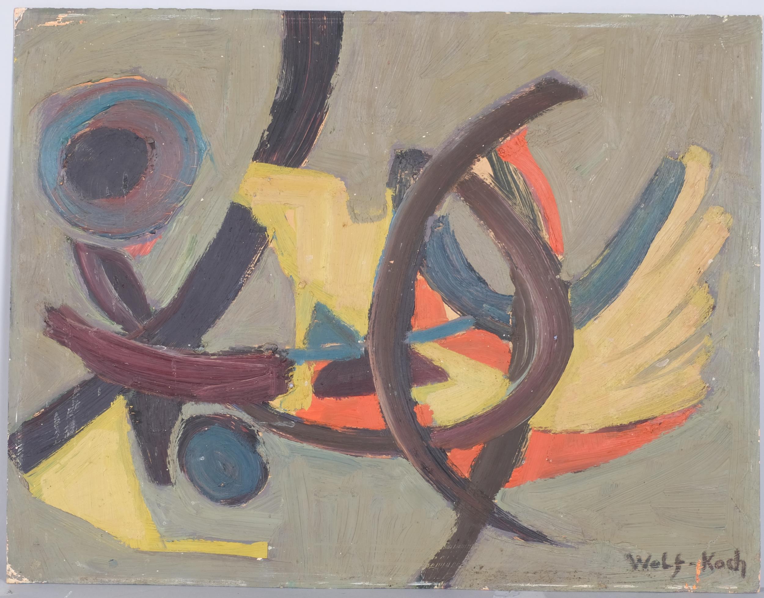 Lotte Wolf-Koch (1909 - 1977), abstract composition, oil on board, signed, 38cm x 49cm, unframed