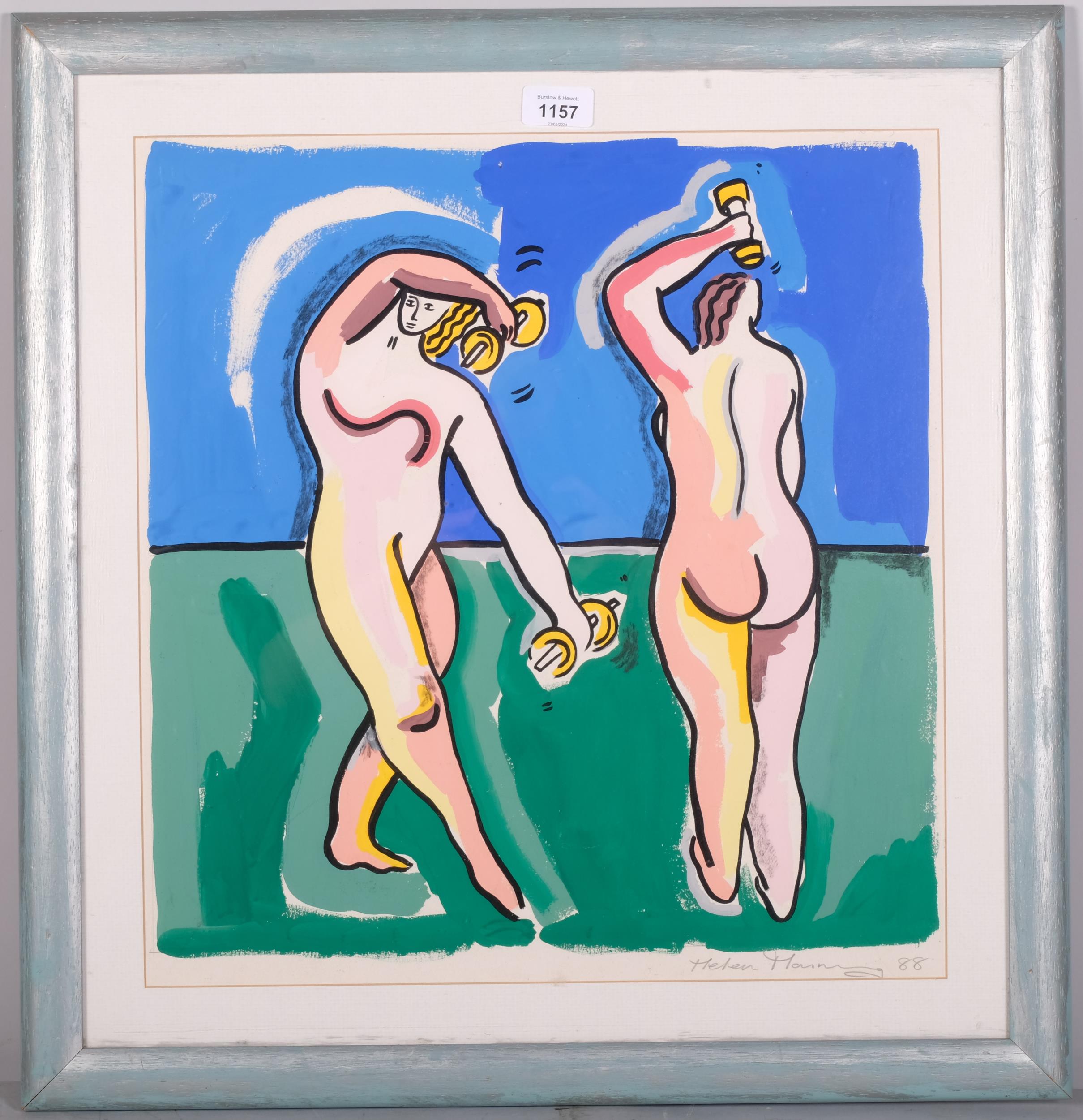 Helen Manning Clark, 2 figures, acrylic/gouache on paper, signed and dated '88, image 44cm x 42cm, - Image 2 of 4