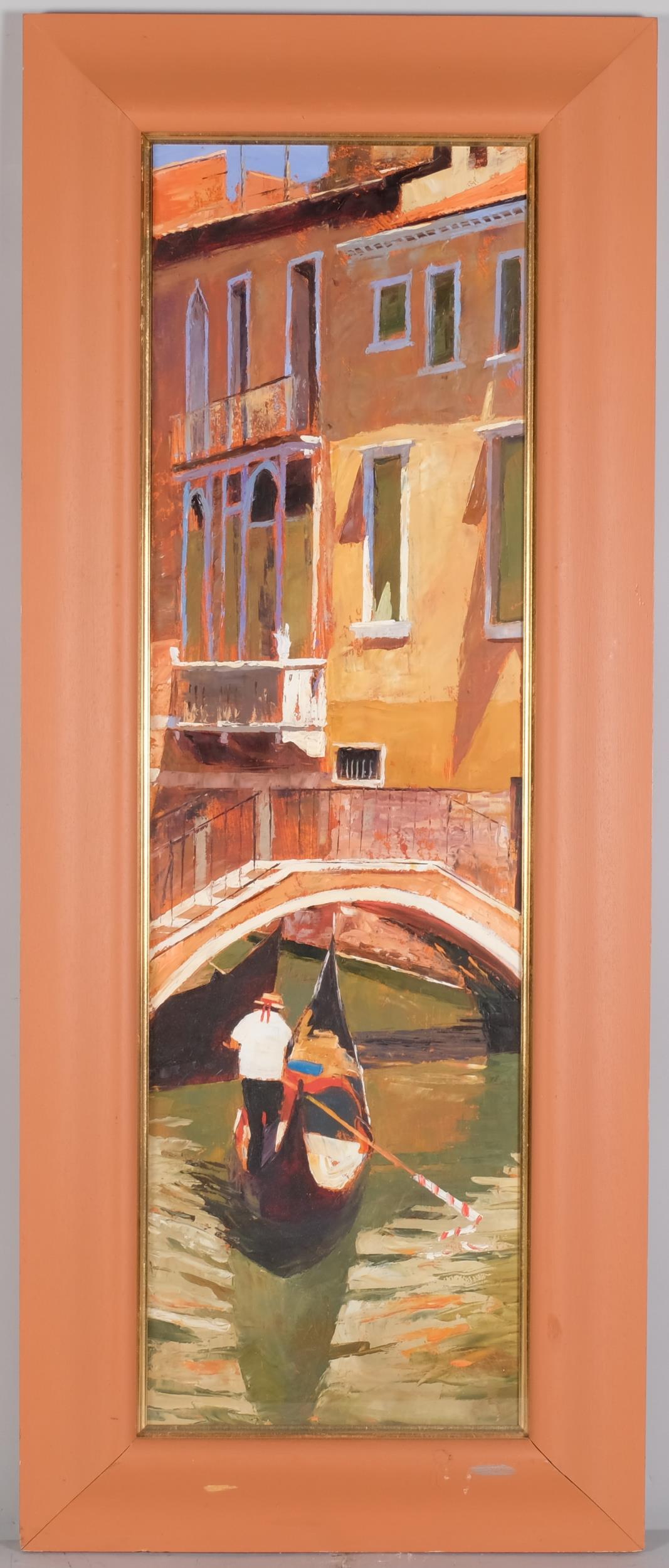 Jeremy Sanders (born 1969), Venice canal scene, oil on board, signed with monogram, artist's label