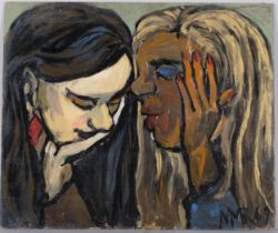 Maureen Robinette, 2 women, mid-20th century oil on board, signed with monogram, dated 1967, 50cm